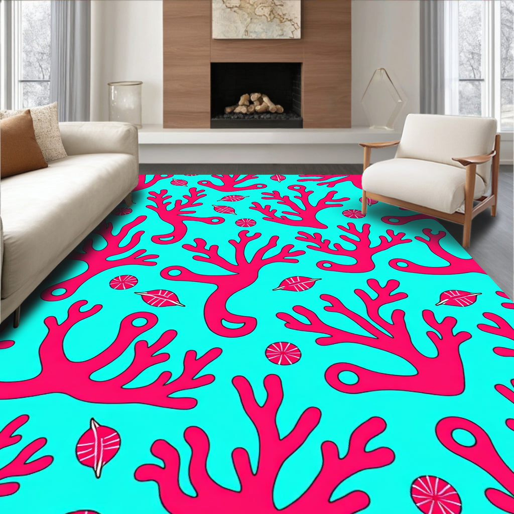 Aqua Pink Coral Branch Art Rug