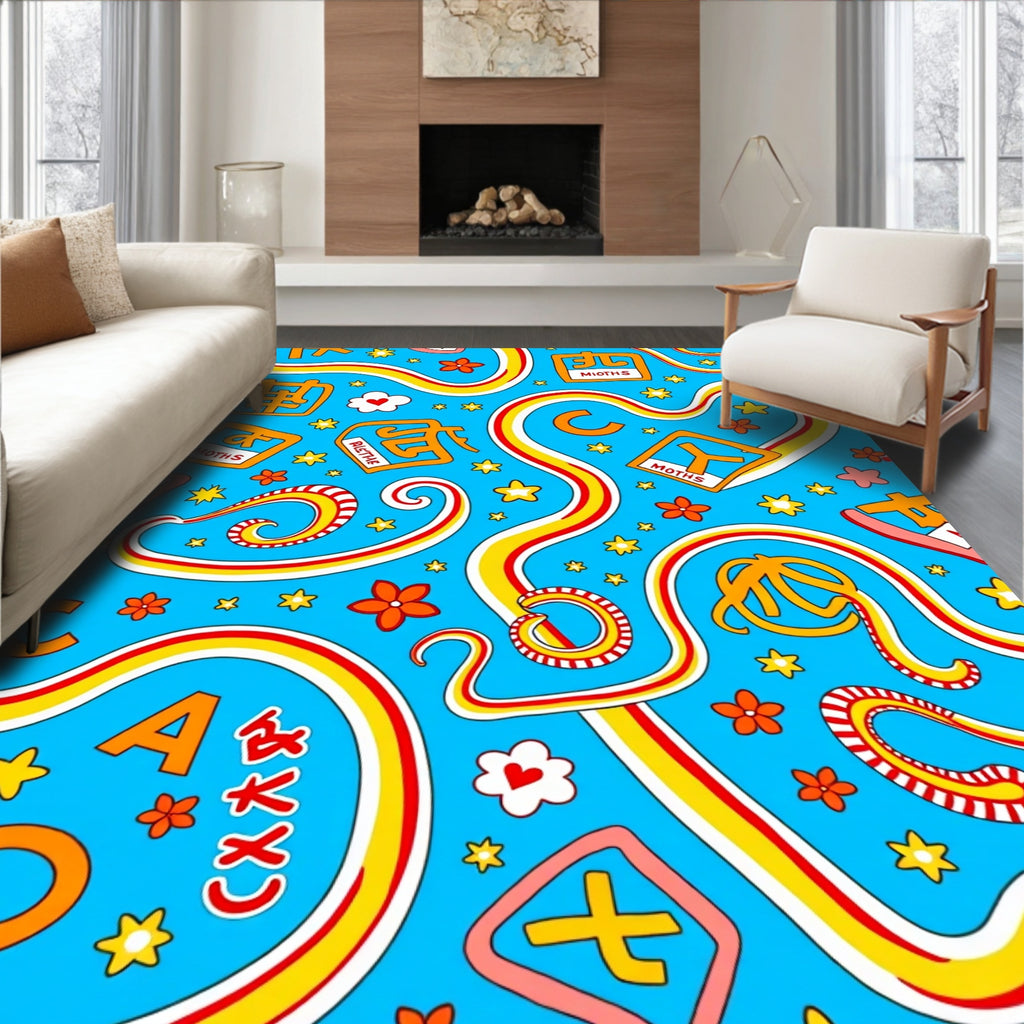 Retro Rainbow Swirls With Asian Characters Rug