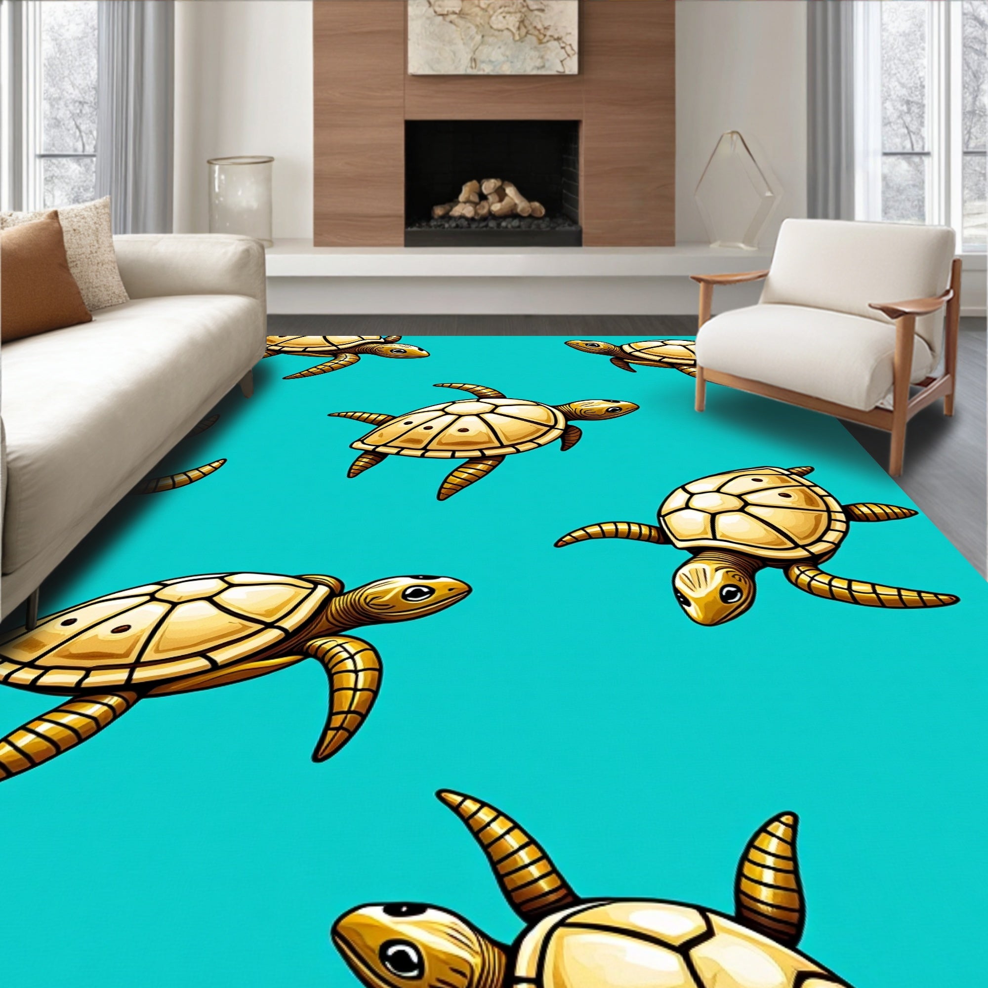 Golden Aquatic Turtle Repetition Rug