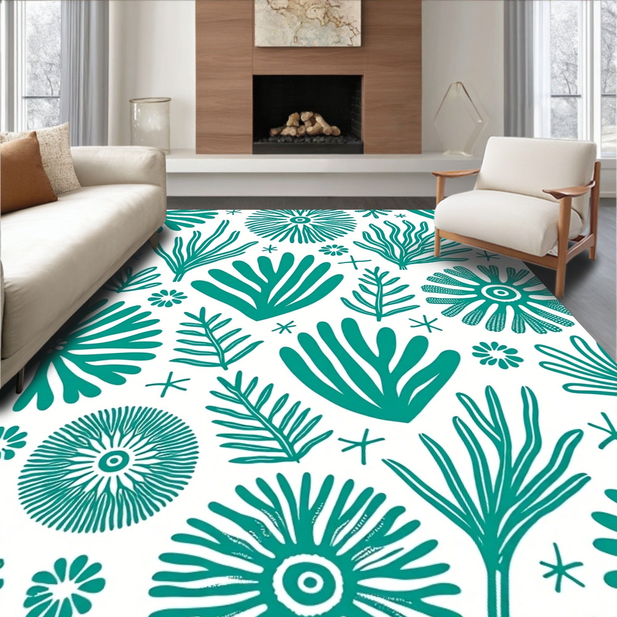 Teal Organic Botanical Collage Rug