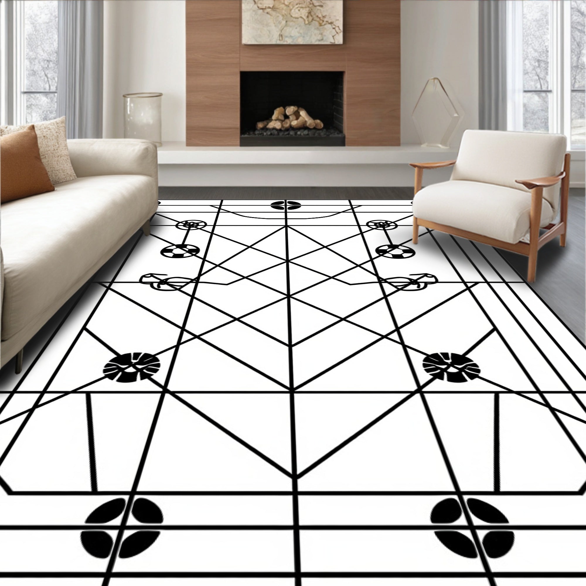 Geometric Black White Soccer Ball Rug