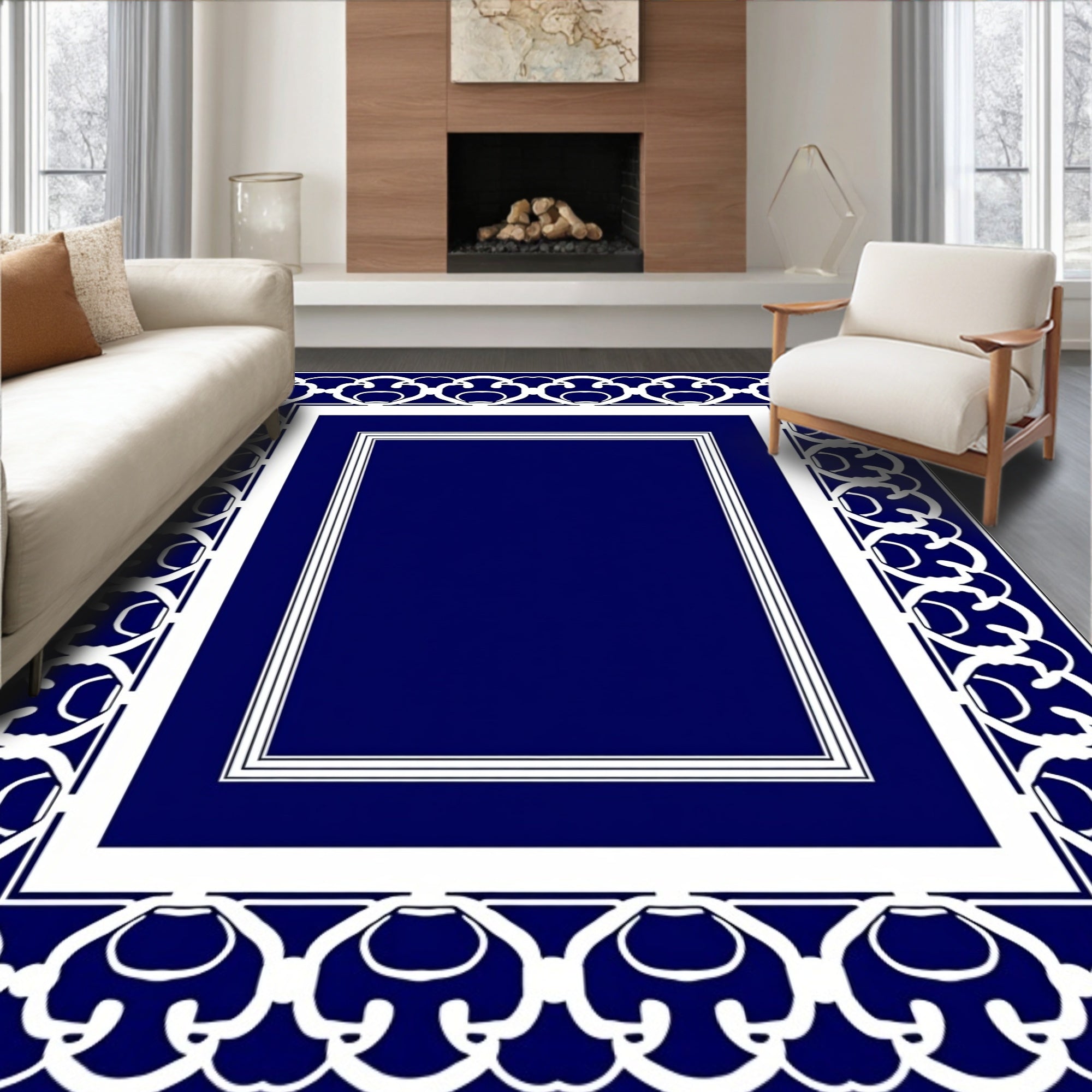 Deep Blue White Ornate Border Rectangular Rug