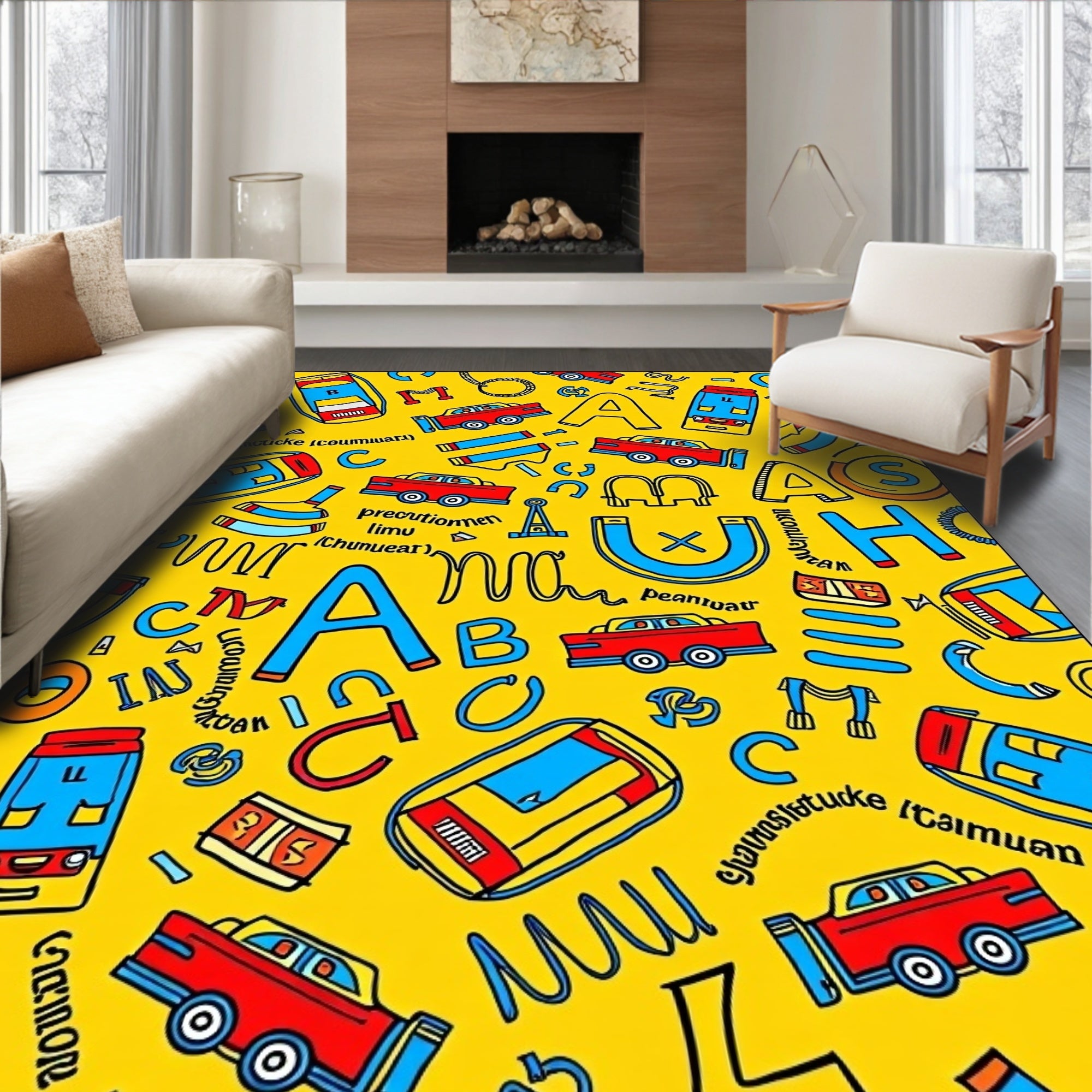 Bright Yellow Red Blue Alphabet Cars Rug