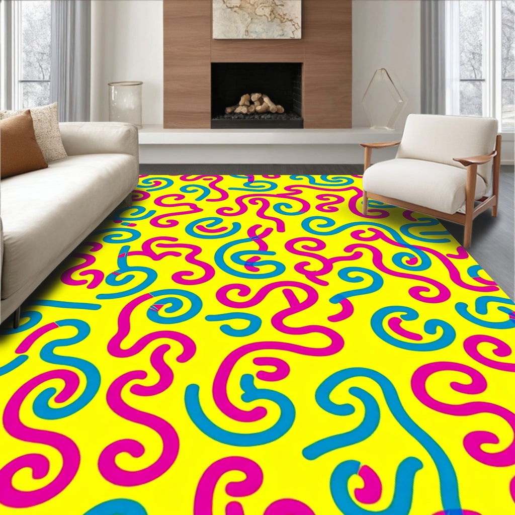 Vibrant Yellow Pink Blue Swirls Rug