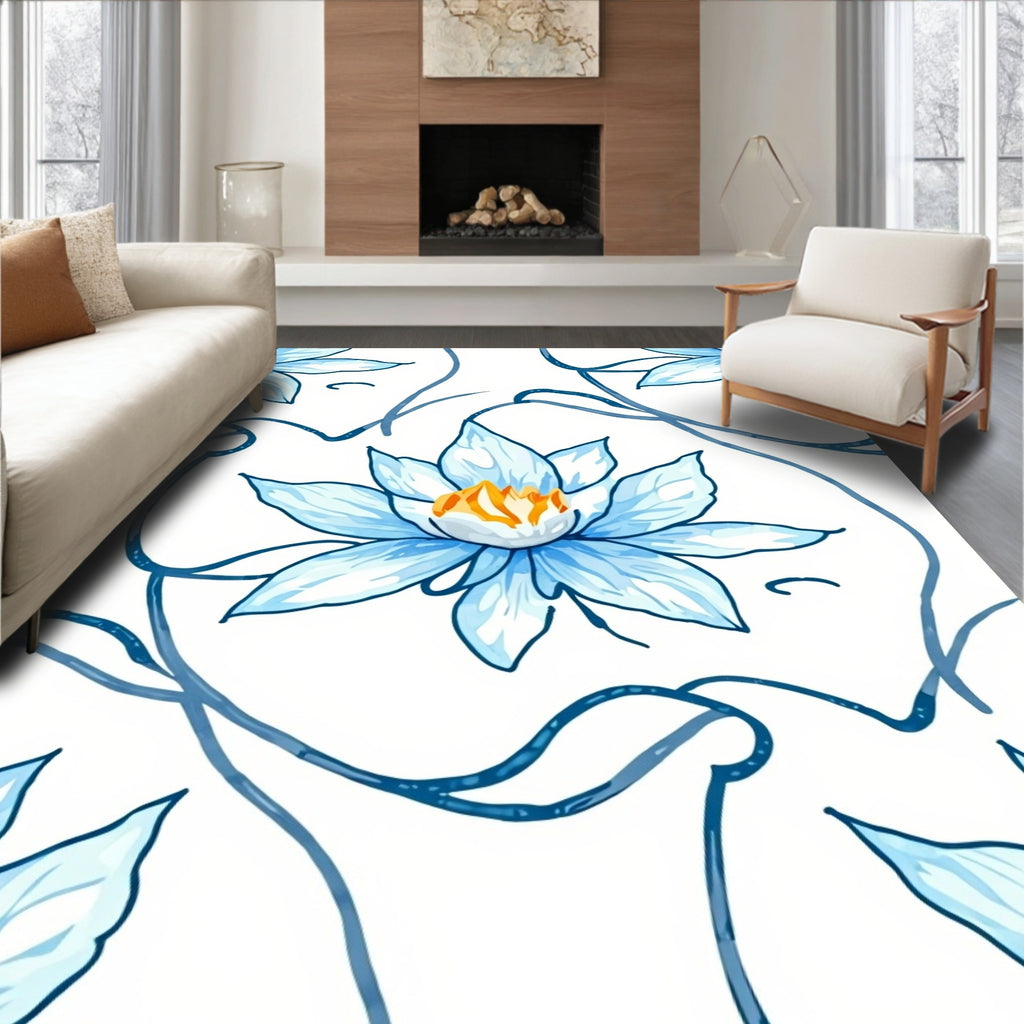Serene Blue Lotus Vine Swirl Rug