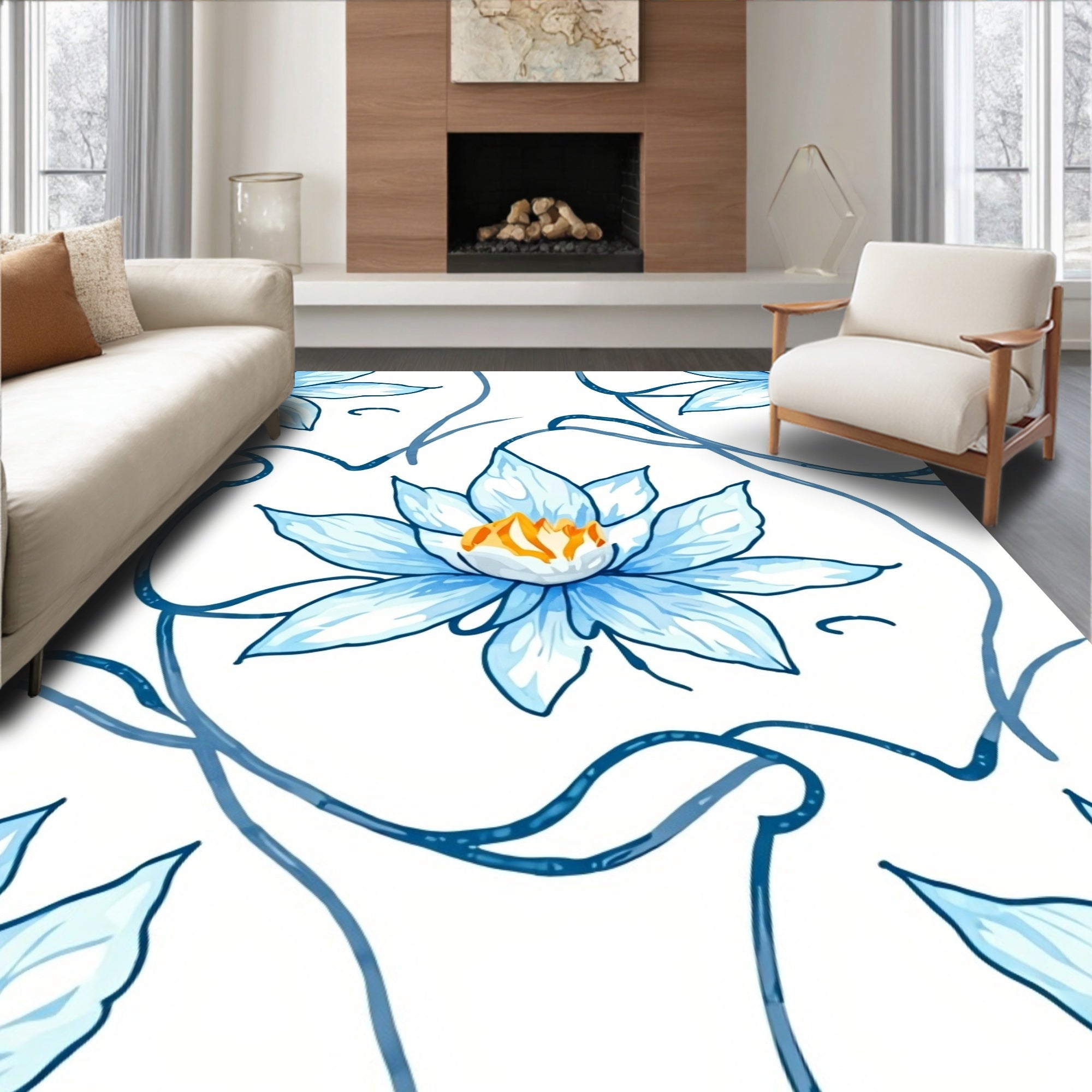 Serene Blue Lotus Vine Swirl Rug