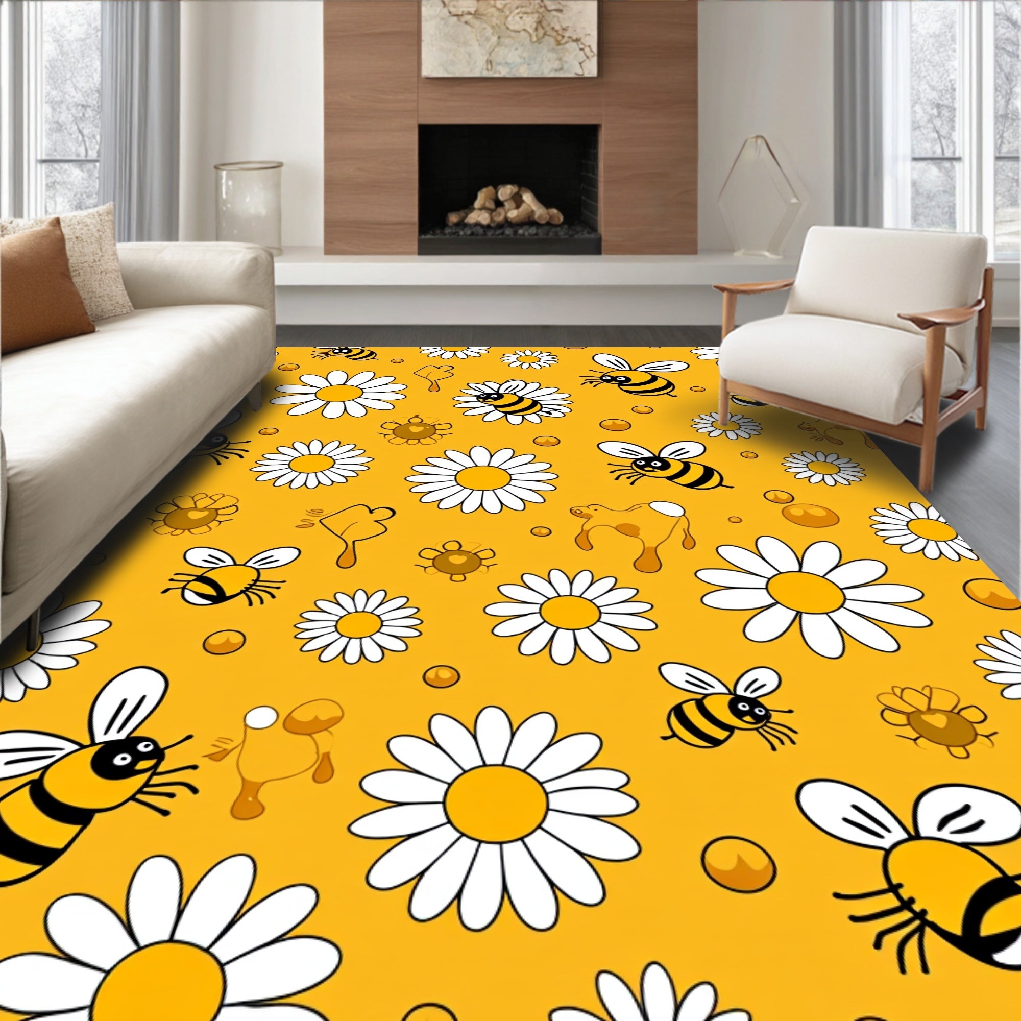 Cute Bees and Daisies Yellow Rug