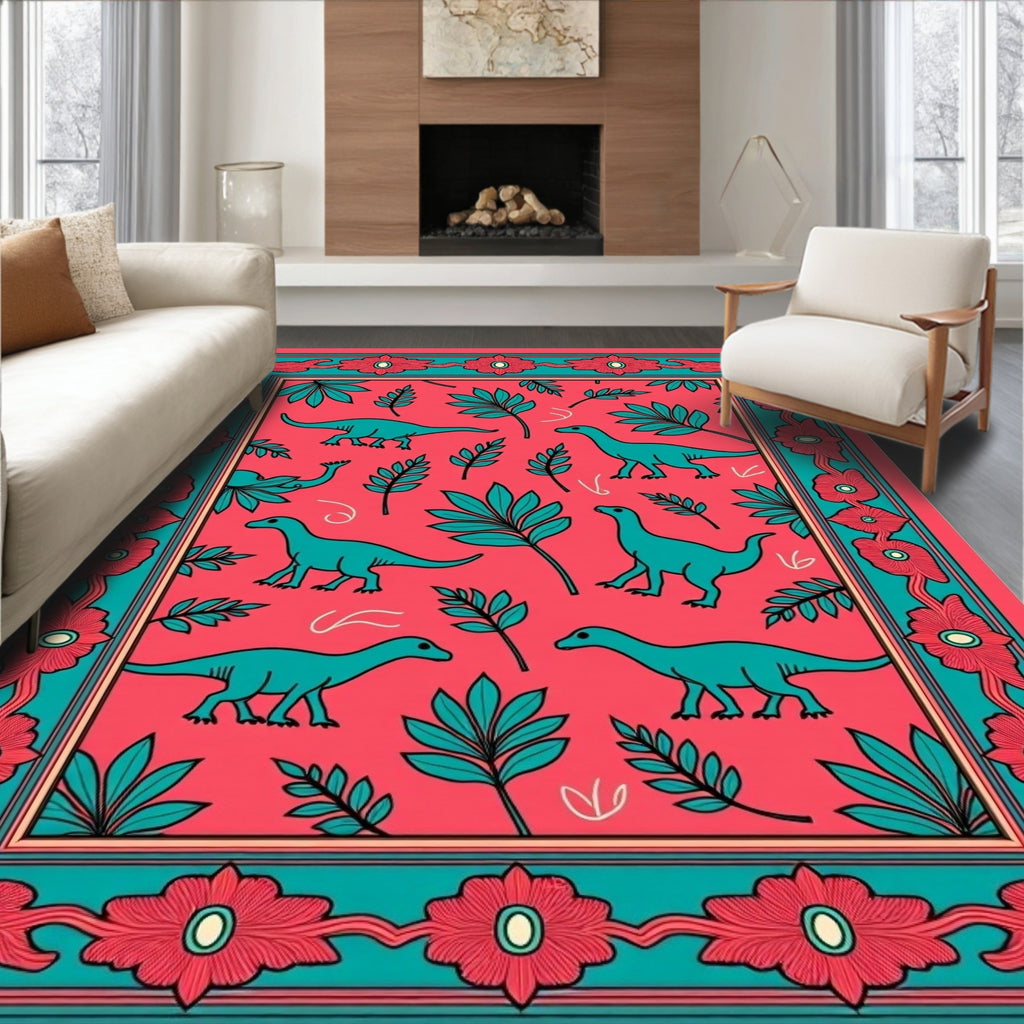 Coral Teal Dinosaur Floral Border Rug