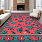 Coral Teal Dinosaur Floral Border Rug
