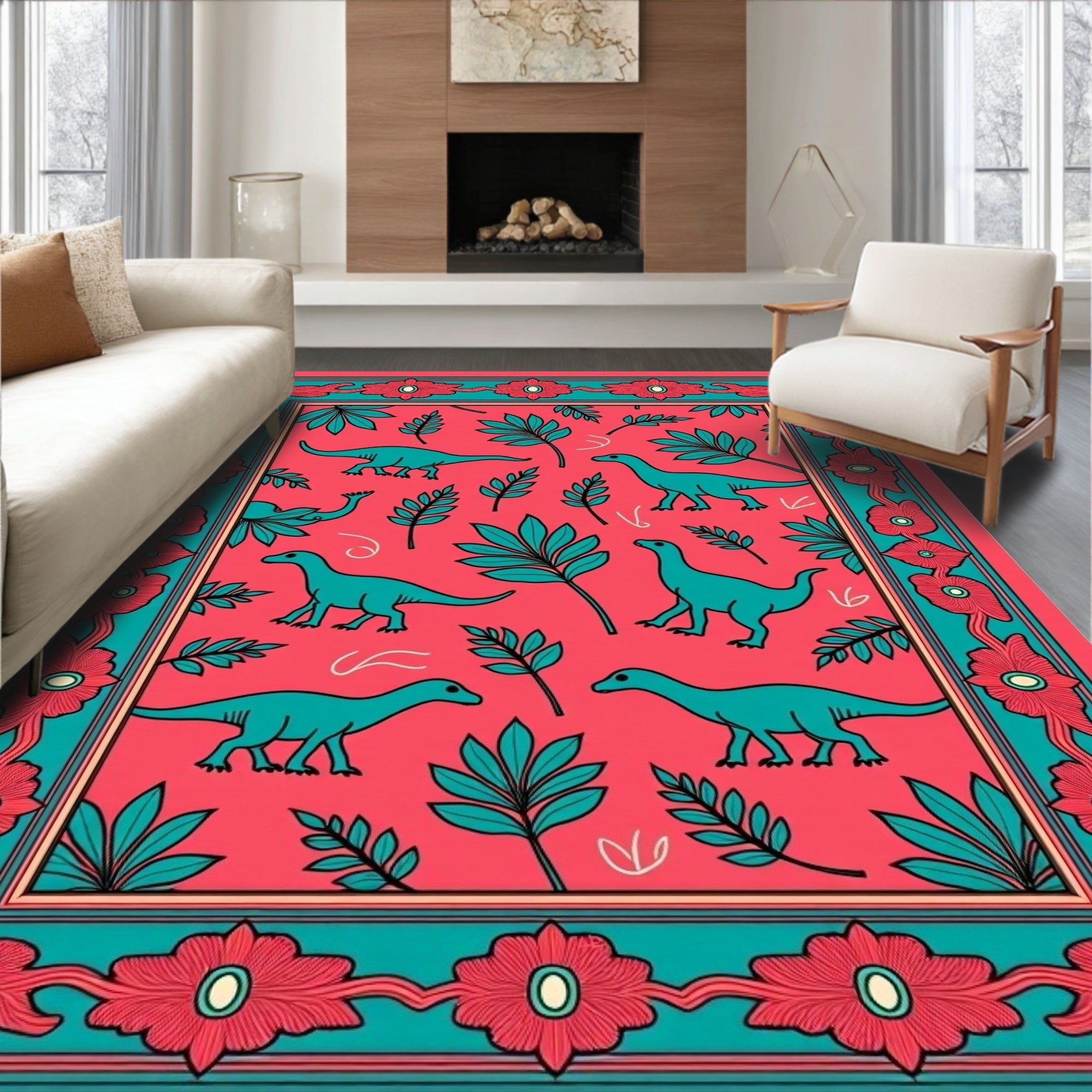 Coral Teal Dinosaur Floral Border Rug