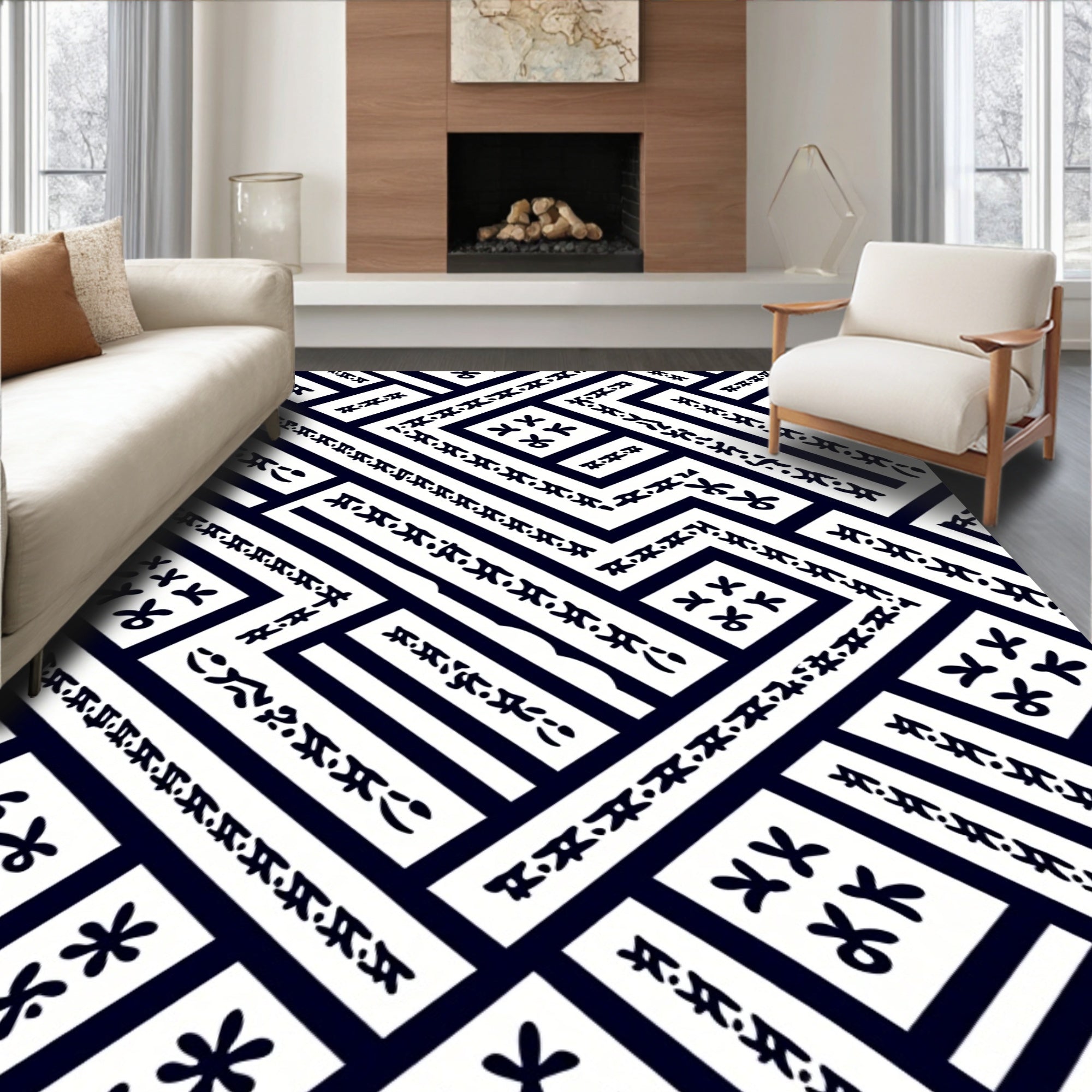 Black White Geometric Abstract Folk Rug