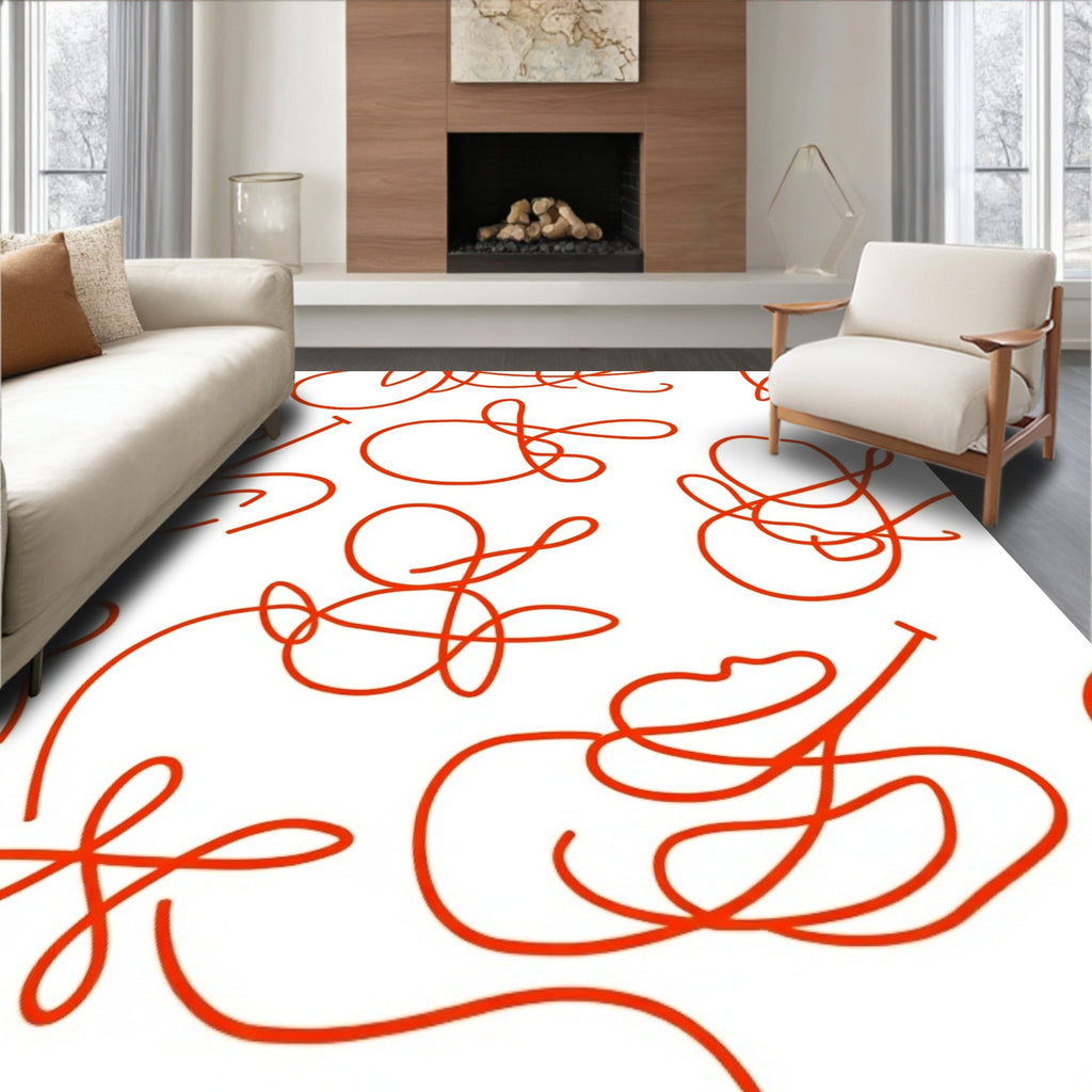 Red Abstract Continuous Line Swirls Rug