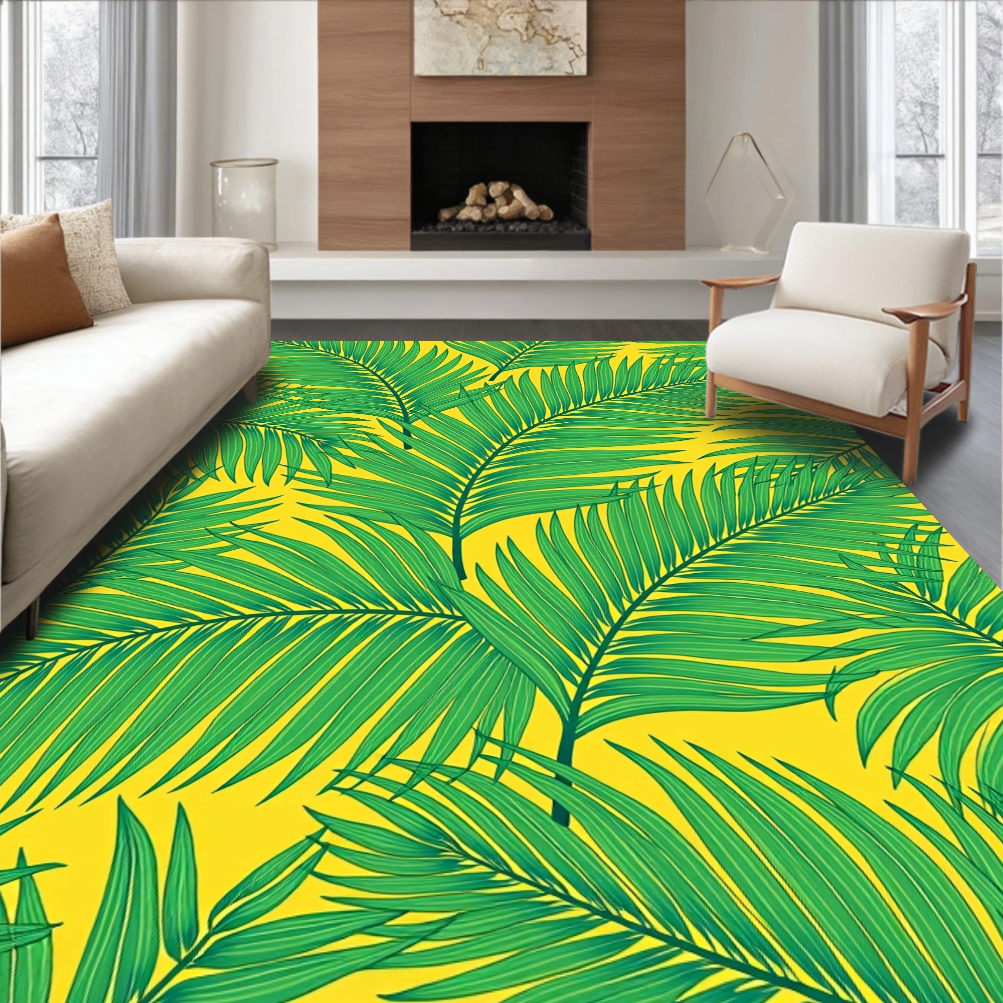 Green Palm Fronds Yellow Background Rug