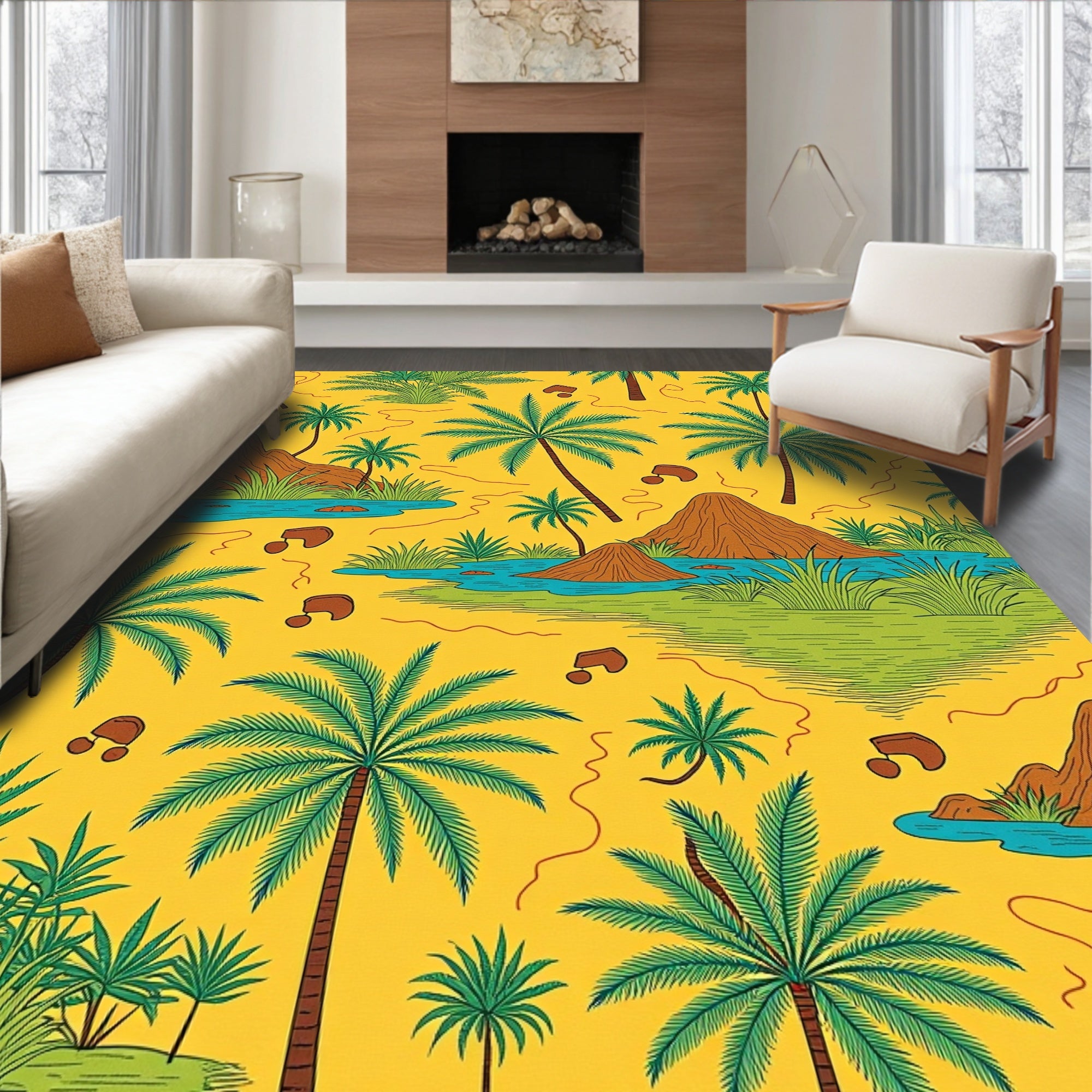 Tropical Palm Trees Water Mountain Scape Rug