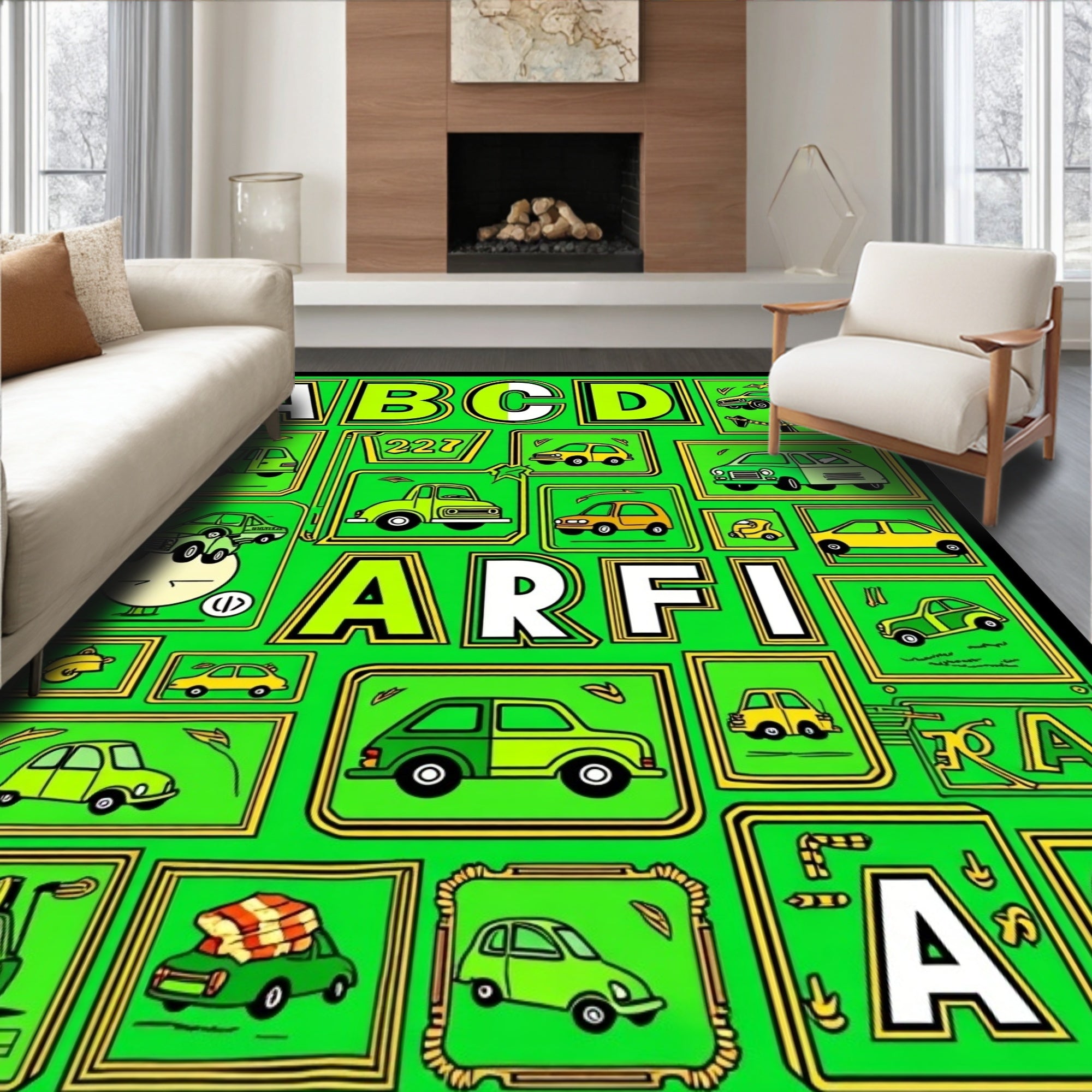 Retro Pop Art Cars Alphabet Collage Rug