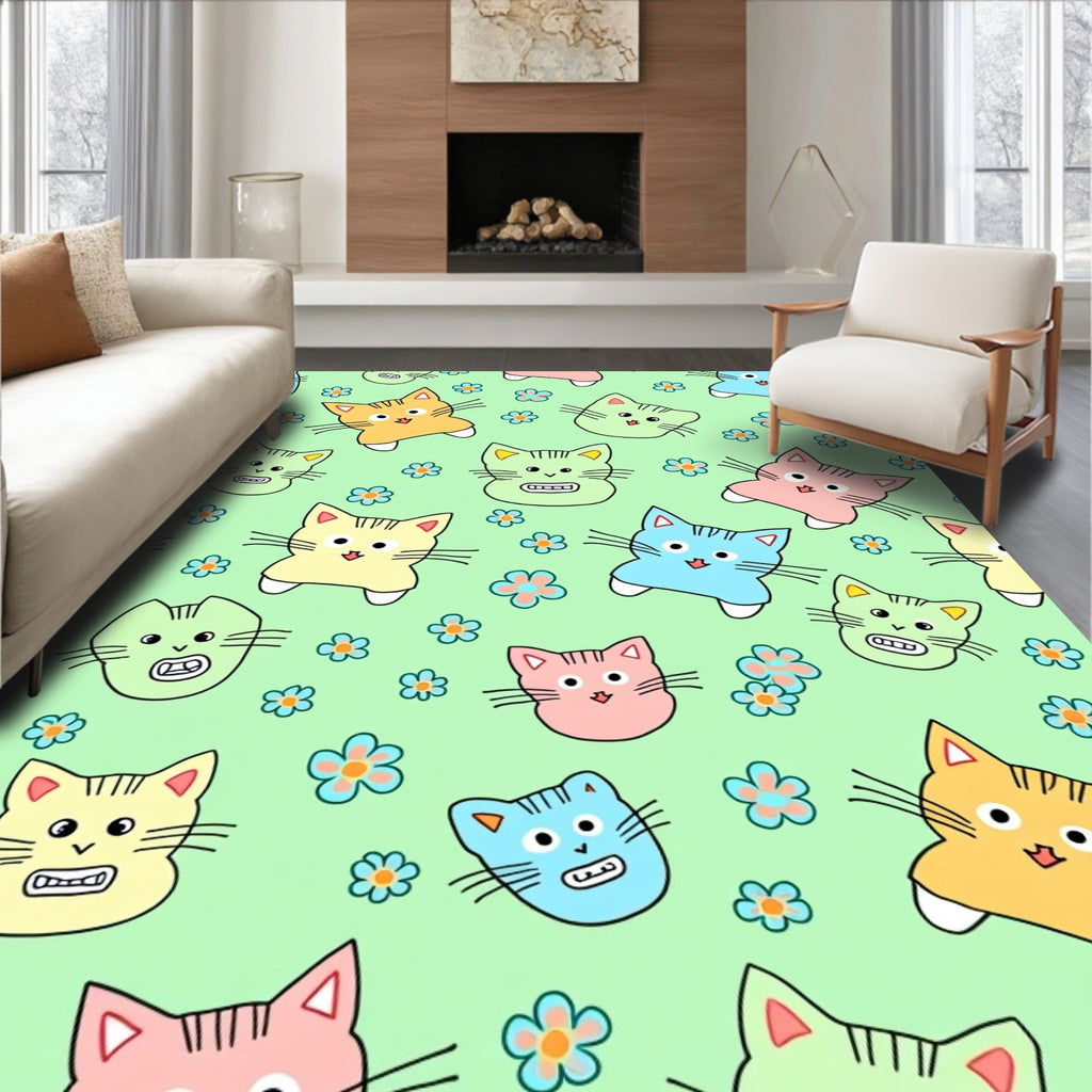 Pastel Cat Faces and Flowers Rug