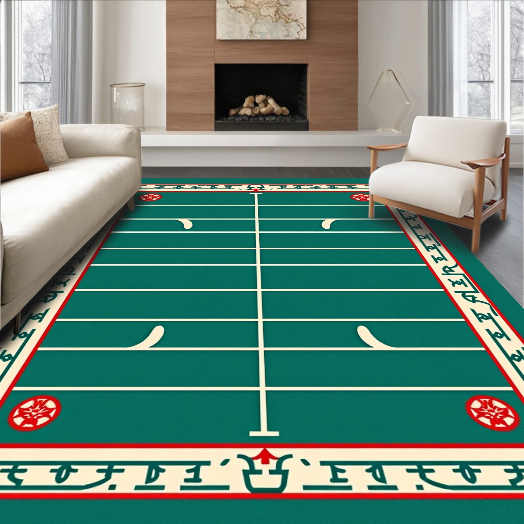Deep Green Red Geometric Floral Court Rug