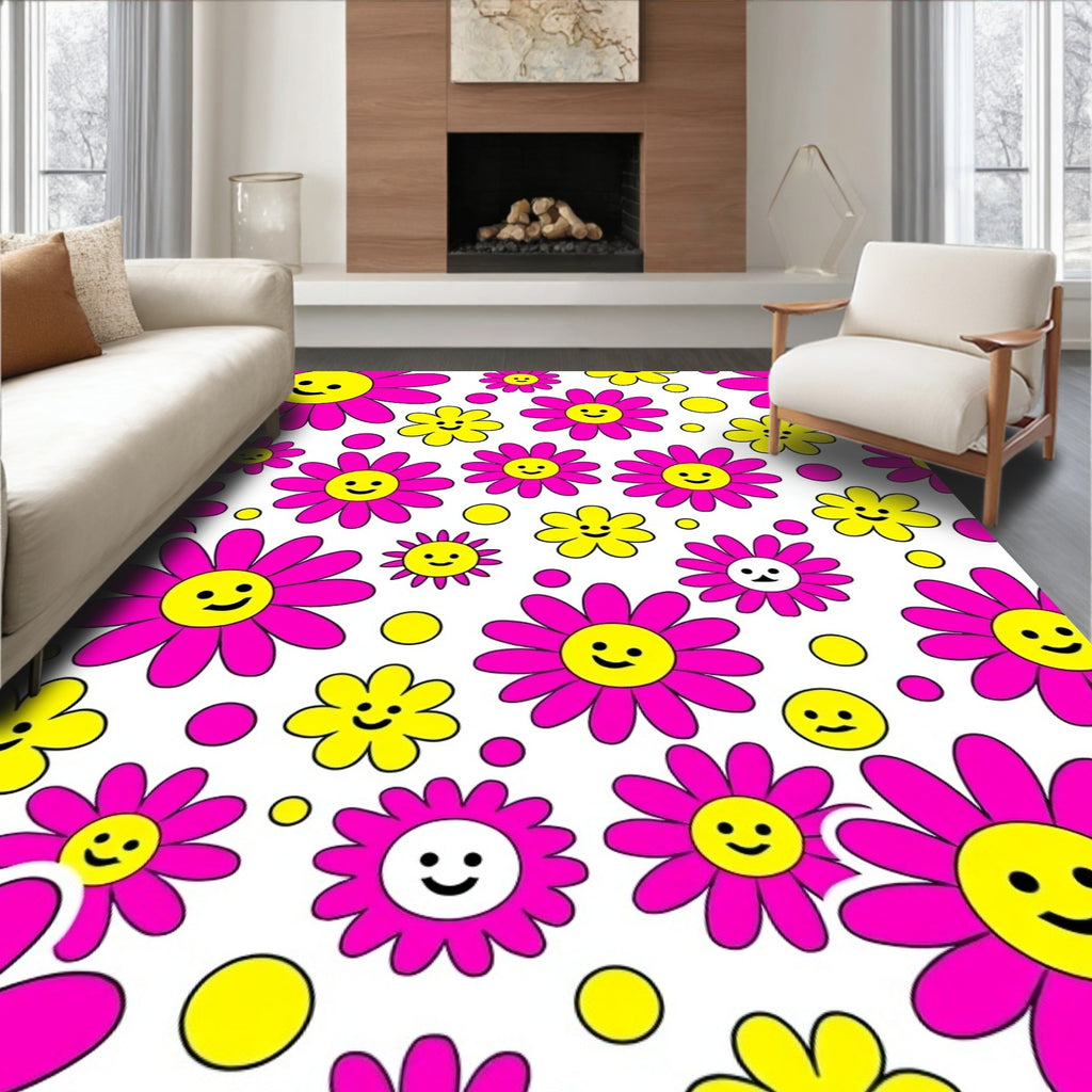 Whimsical Pink Yellow Smiling Flowers Rug