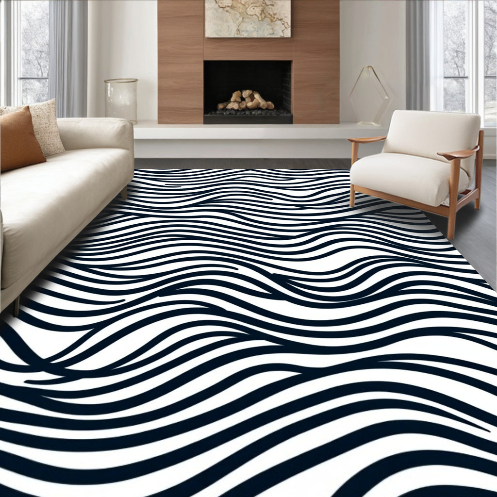 Modern Black White Wave Lines Rug