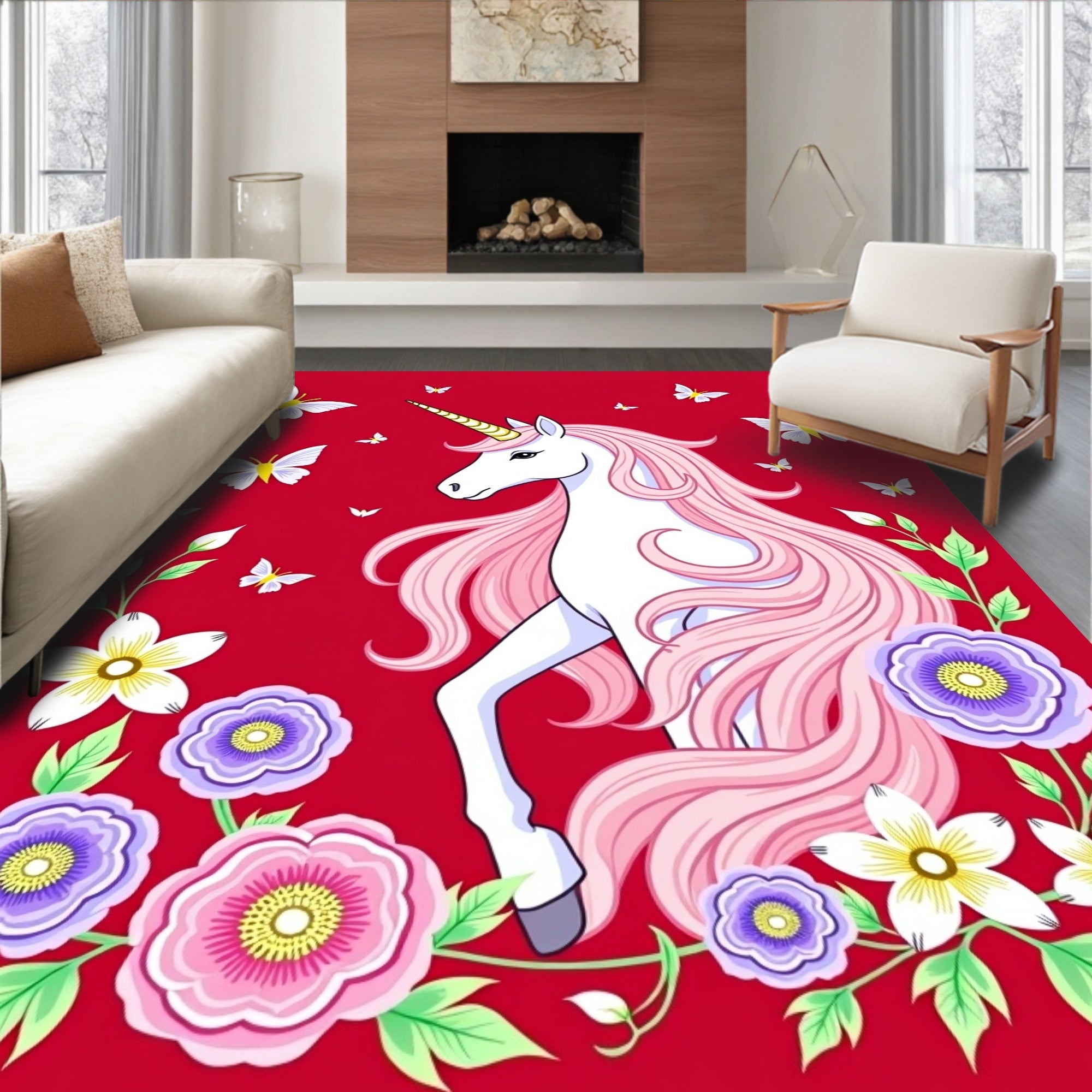 Majestic Unicorn with Pink Mane and Butterflies Rug