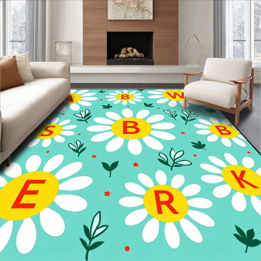 Teal Daisy Field with Red Letters Rug
