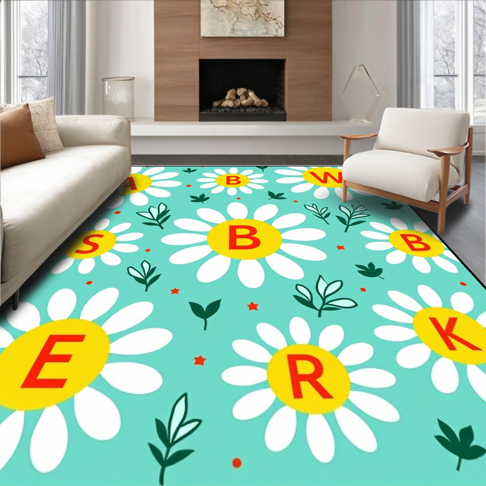 Teal Daisy Field with Red Letters Rug