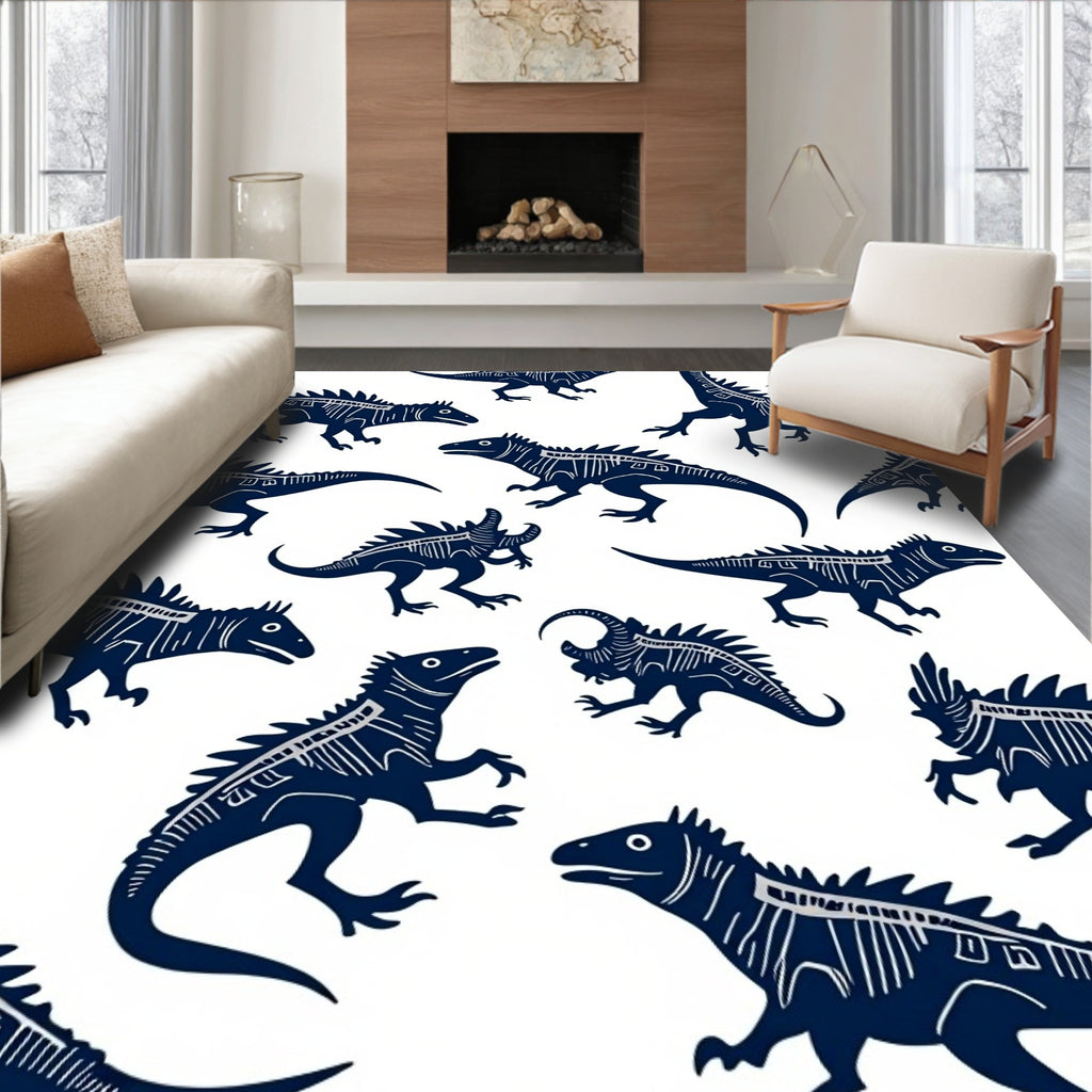 Dark Blue Dinosaur Skeleton Repeating Pattern Rug