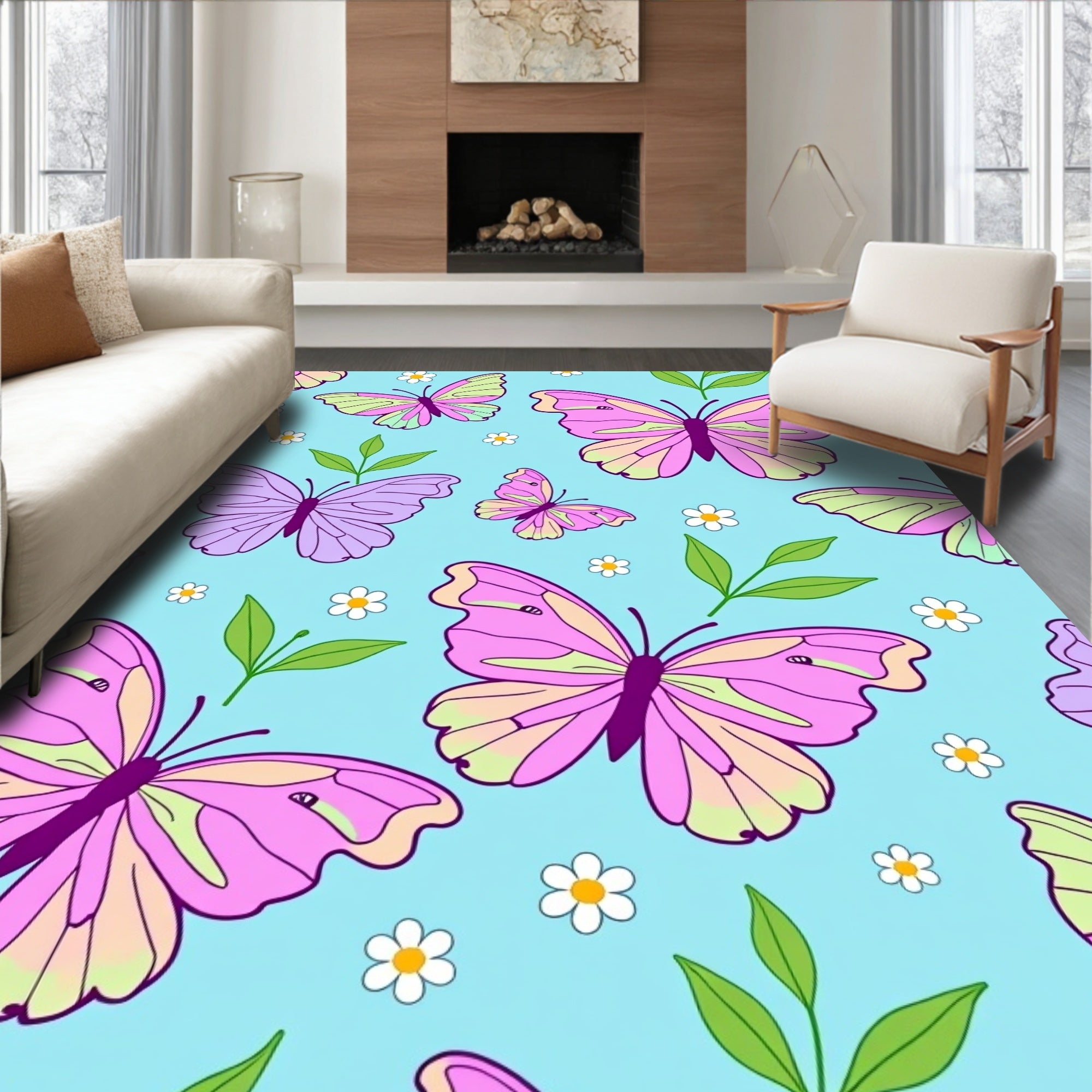 Pastel Pink Purple Butterfly Garden Rug