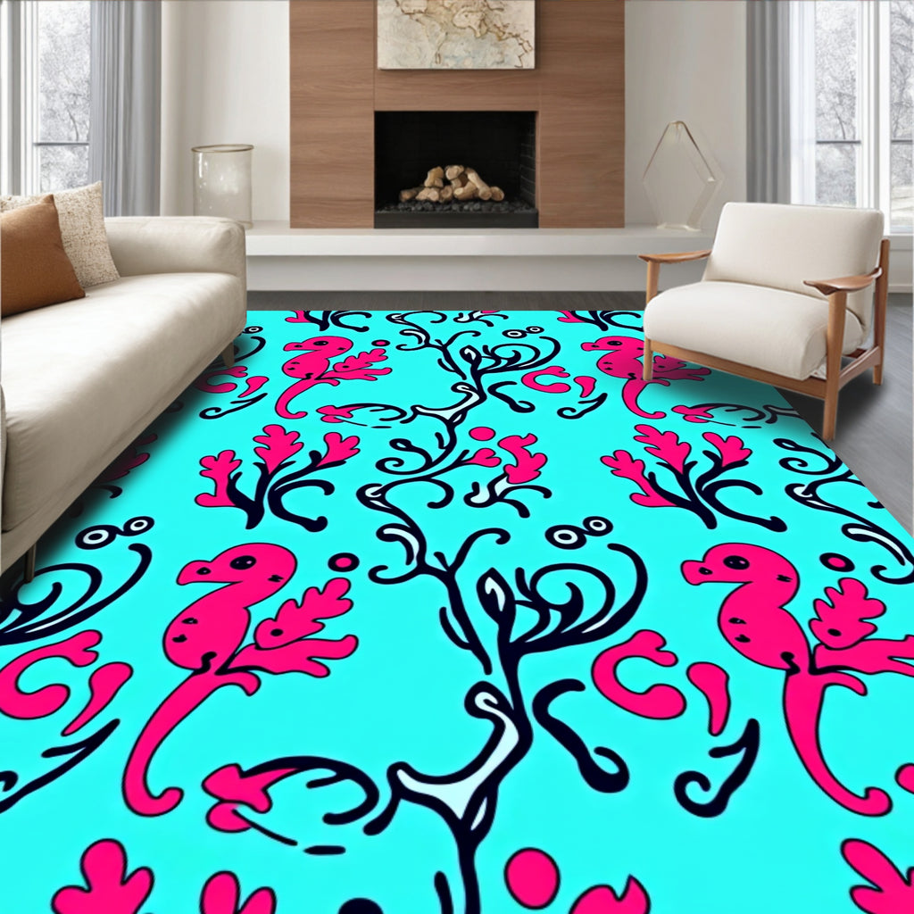 Bright Pink Seahorse Cyan Swirl Overlay Rug
