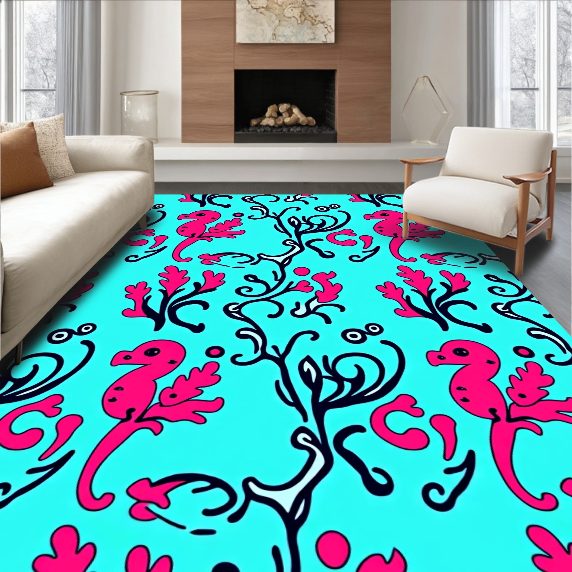 Bright Pink Seahorse Cyan Swirl Overlay Rug