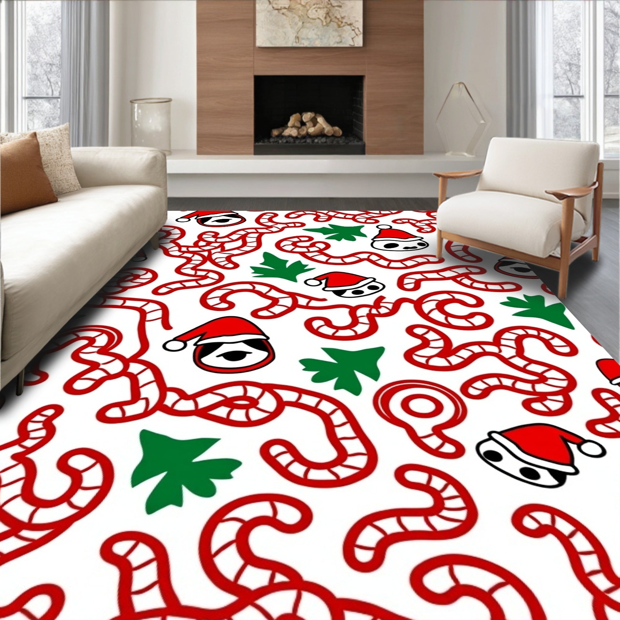 Red Candy Cane Christmas Panda Faces Rug