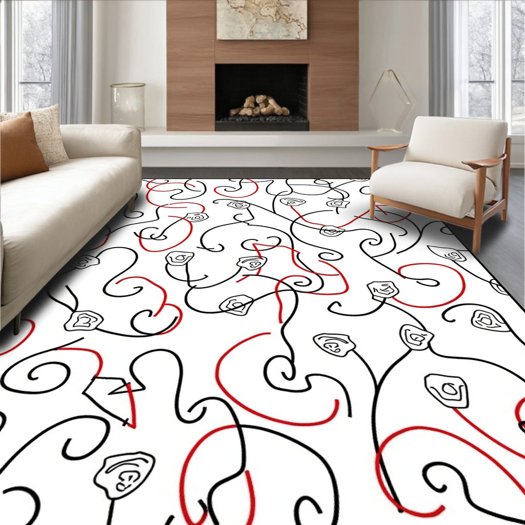 Abstract Red Black Scribble Buds Rug