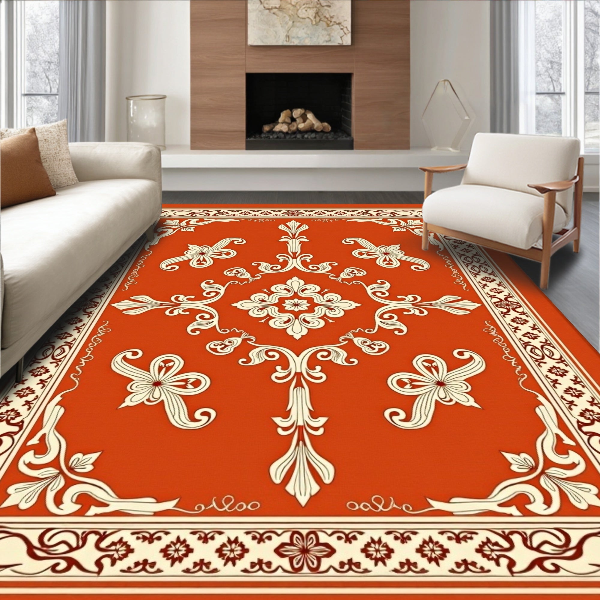 Ornate Crimson Cream Floral Medallion Rug