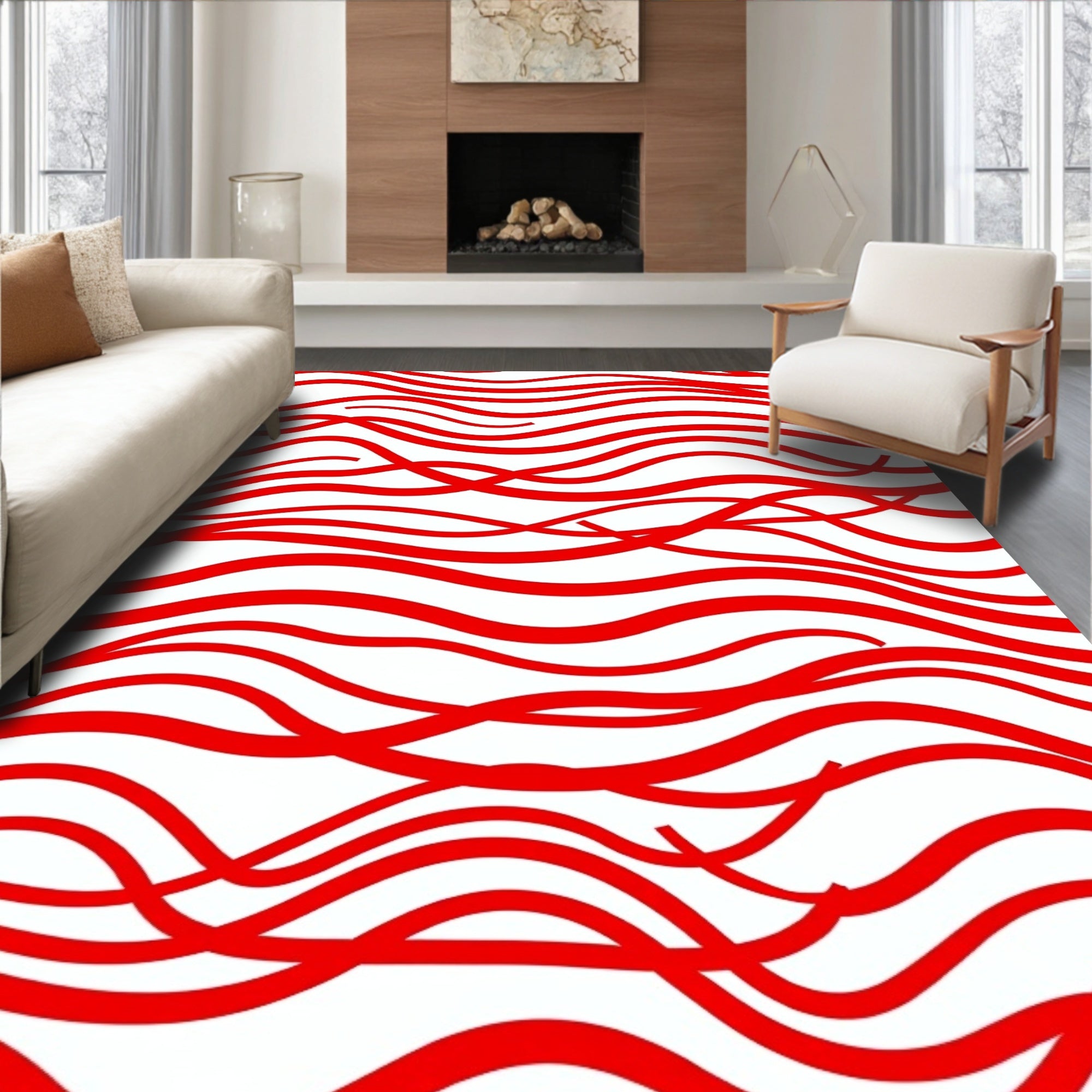 Crimson Red Wavy Stripe Rug