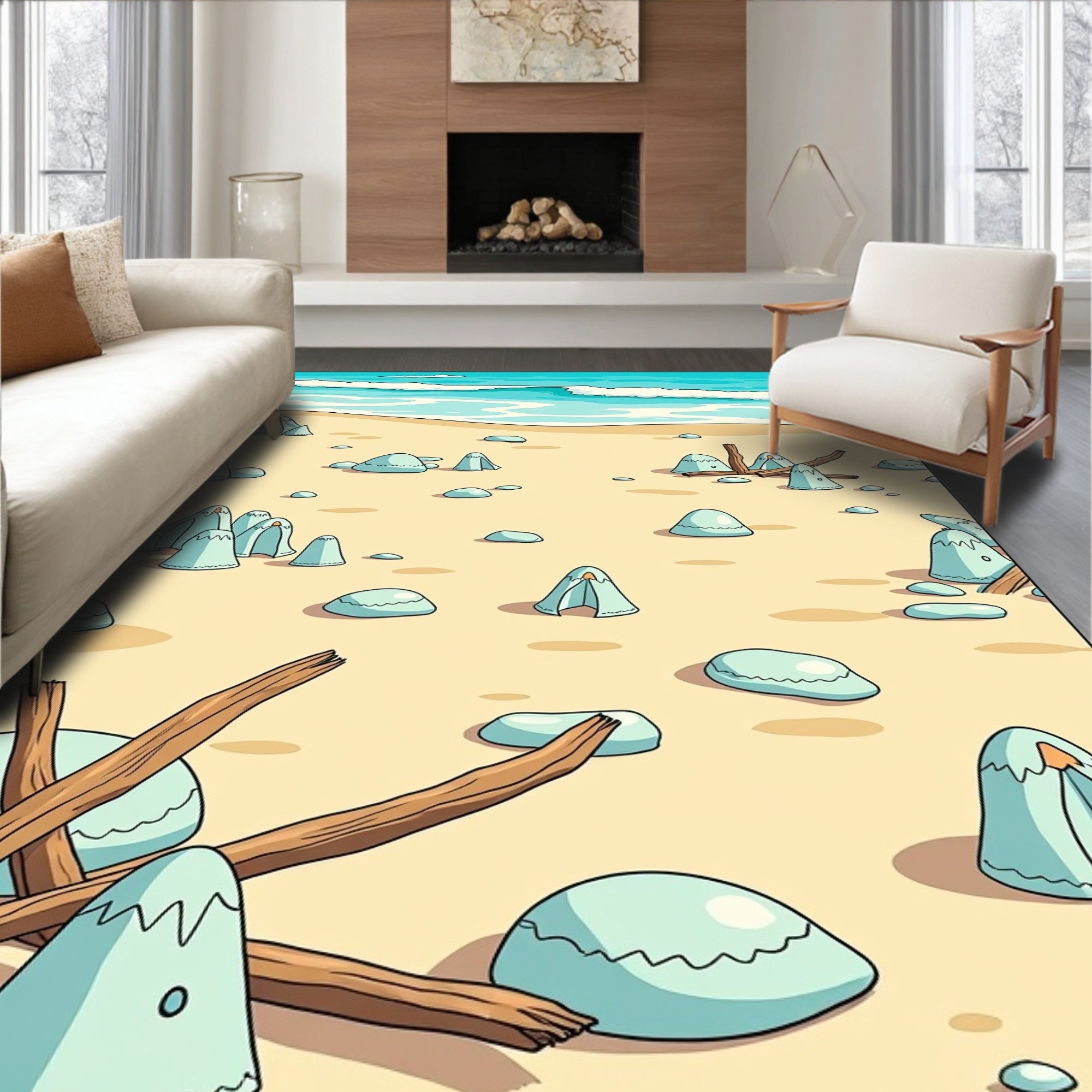 Light Blue Beach Tent Medallions on Sand Rug