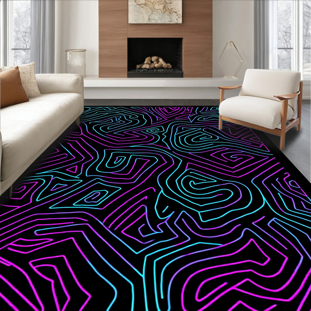 Neon Abstract Lines Black Rug