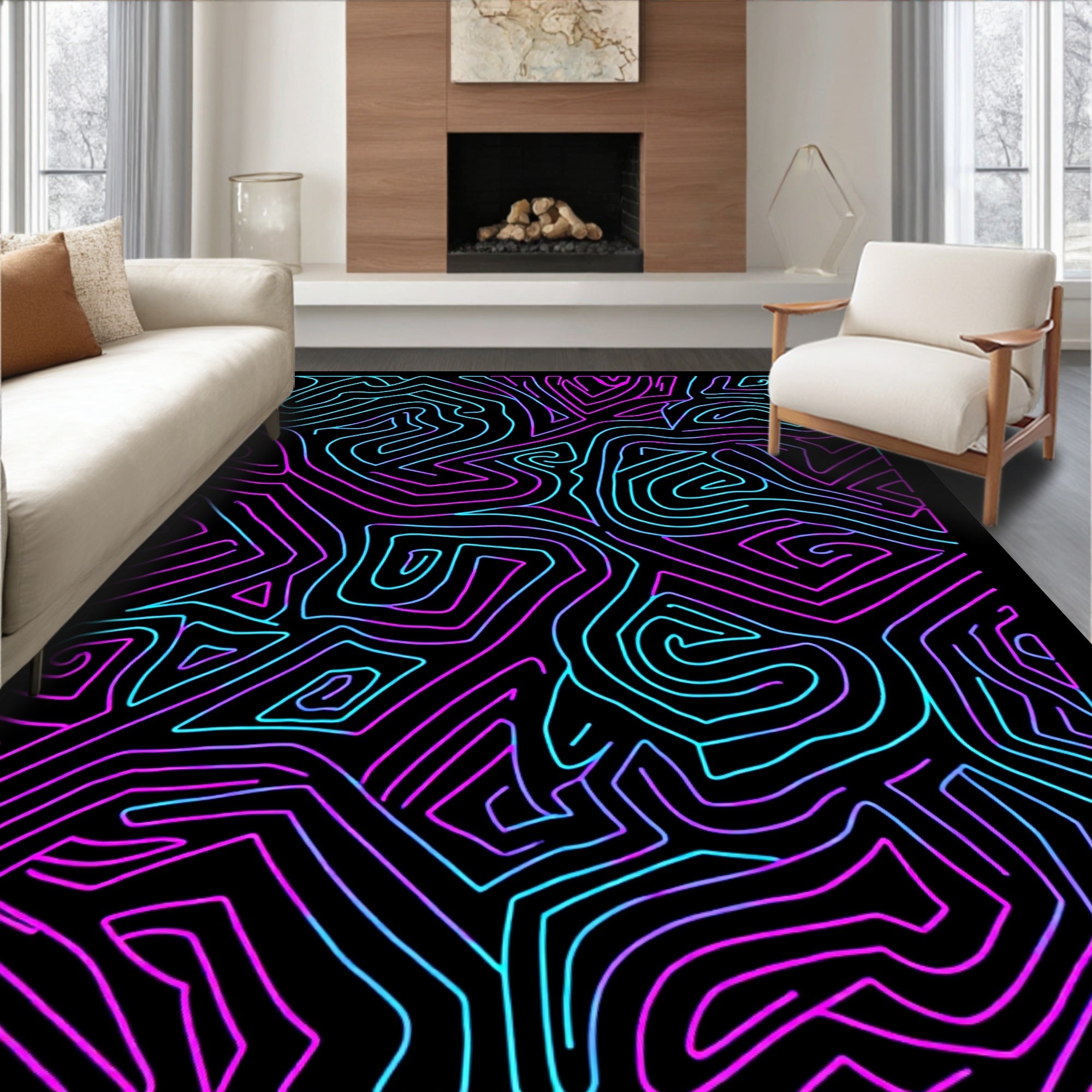 Neon Abstract Lines Black Rug