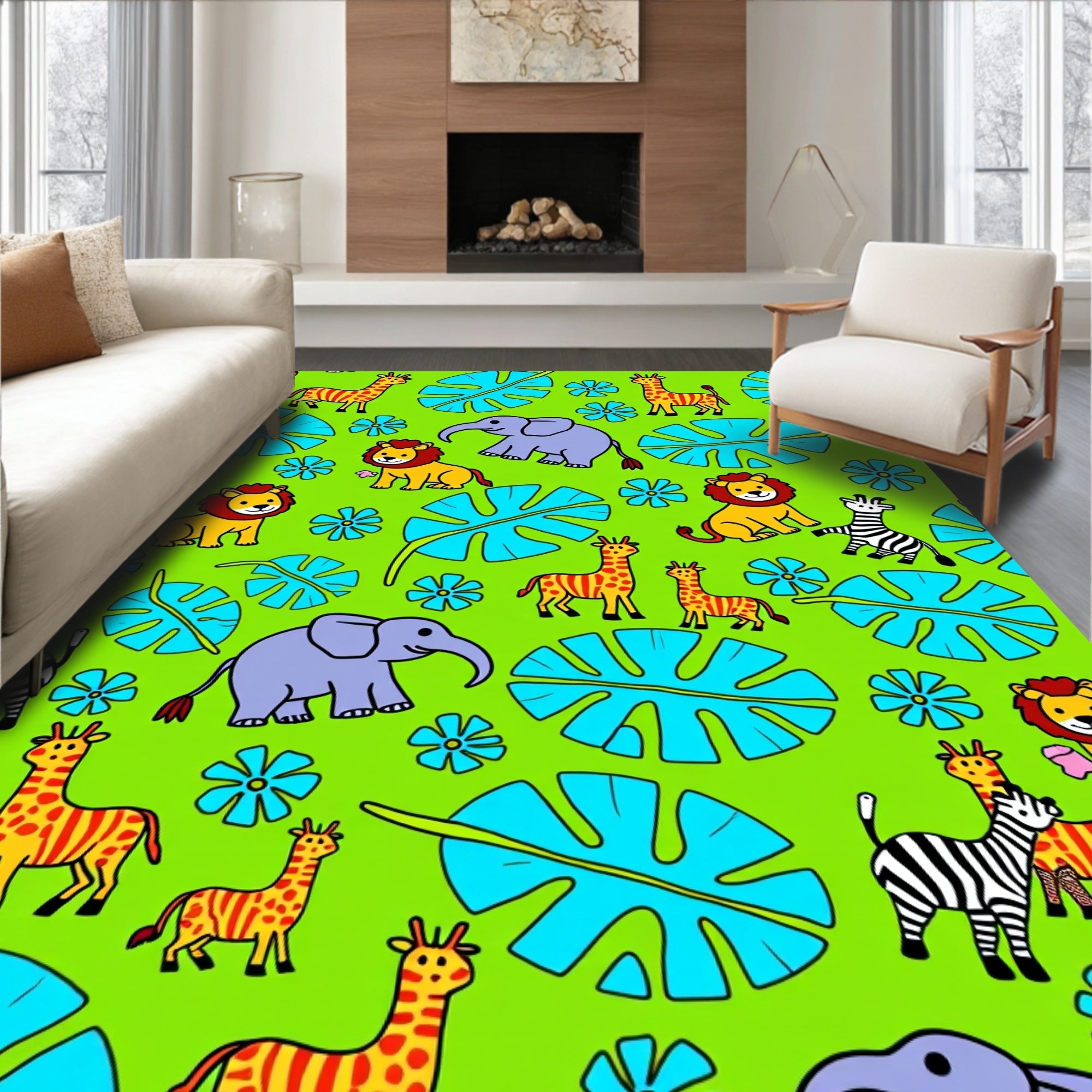 Vibrant Jungle Safari Animals Floral Rug