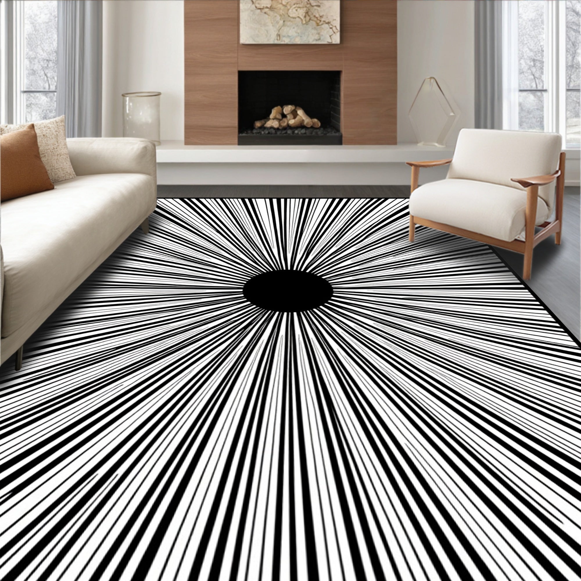 Bold Black Radial Starburst Rug