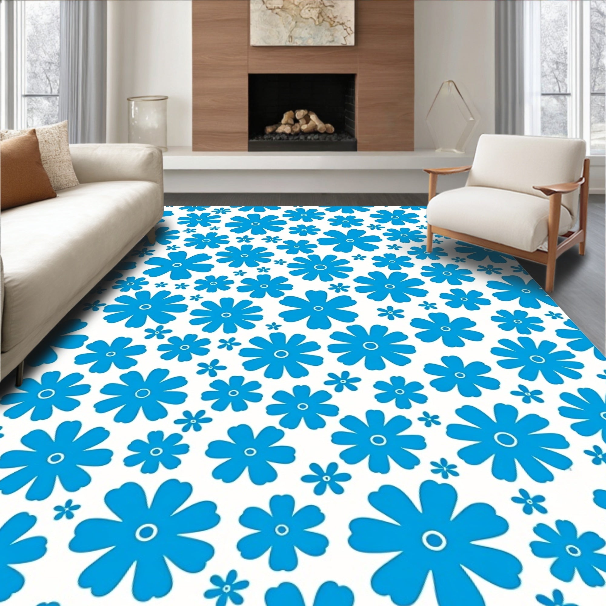 Azure Blue Retro Flower Field Rug