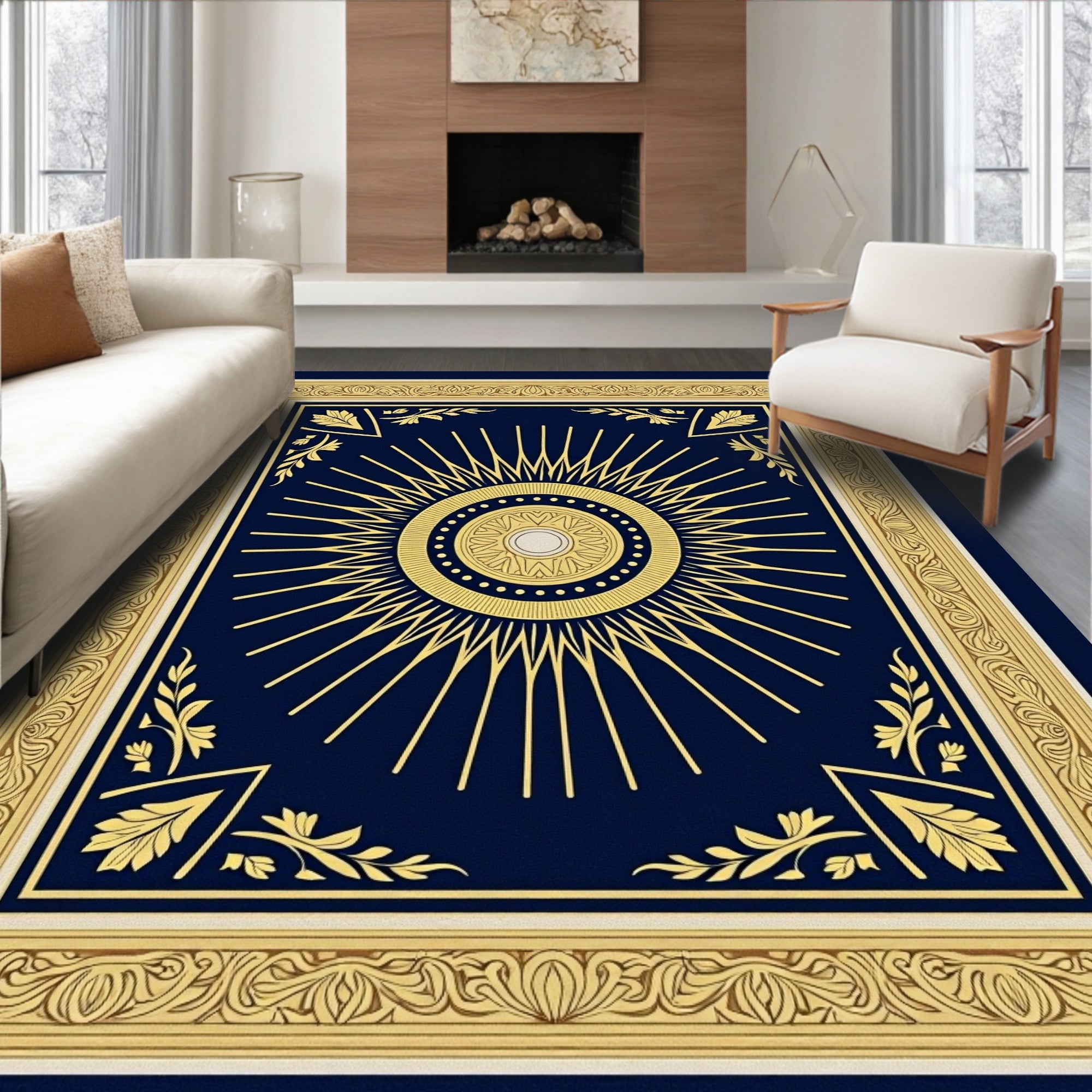 Rich Navy Gold Sunburst Medallion Rug