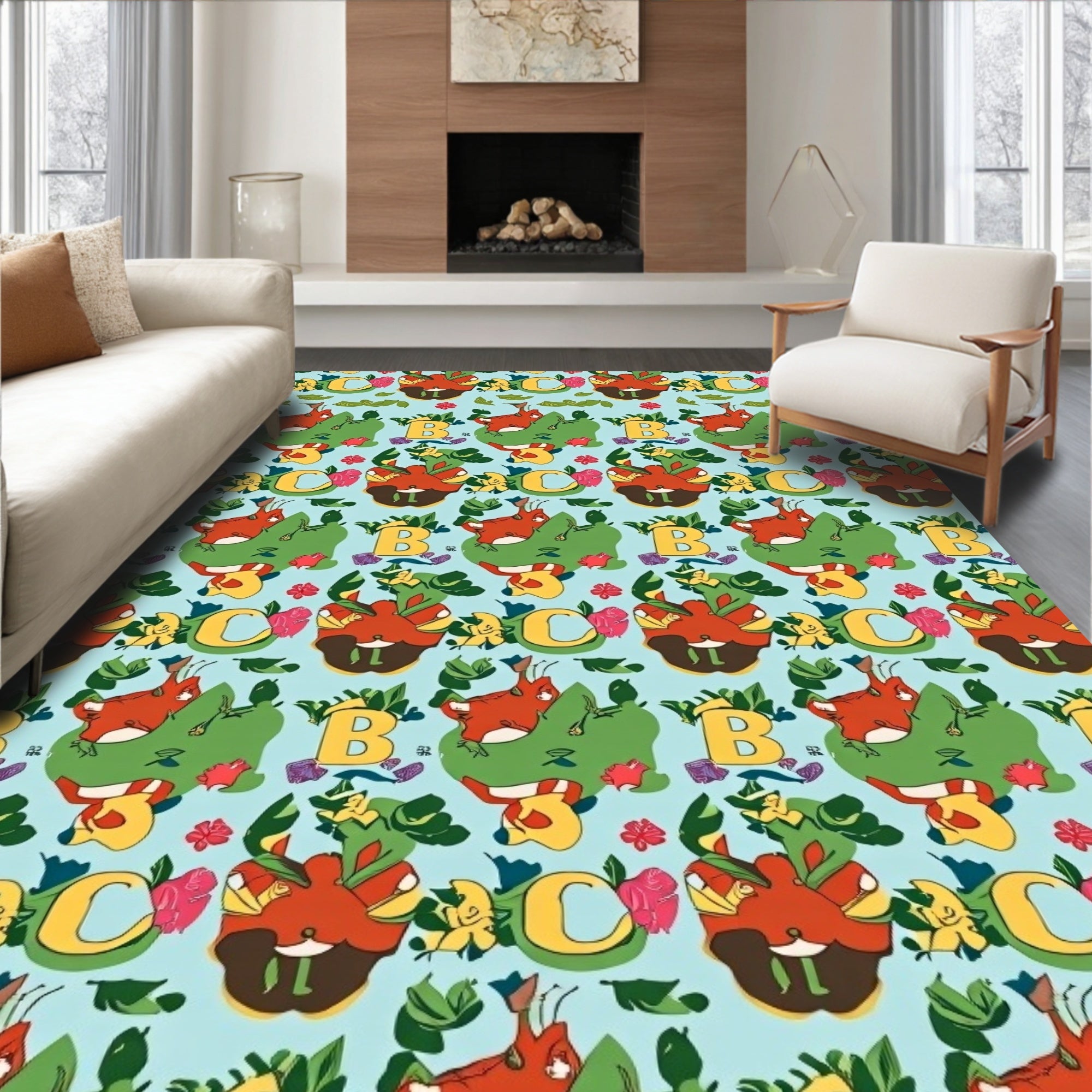 Playful Red Fox Botanical Letters Rug