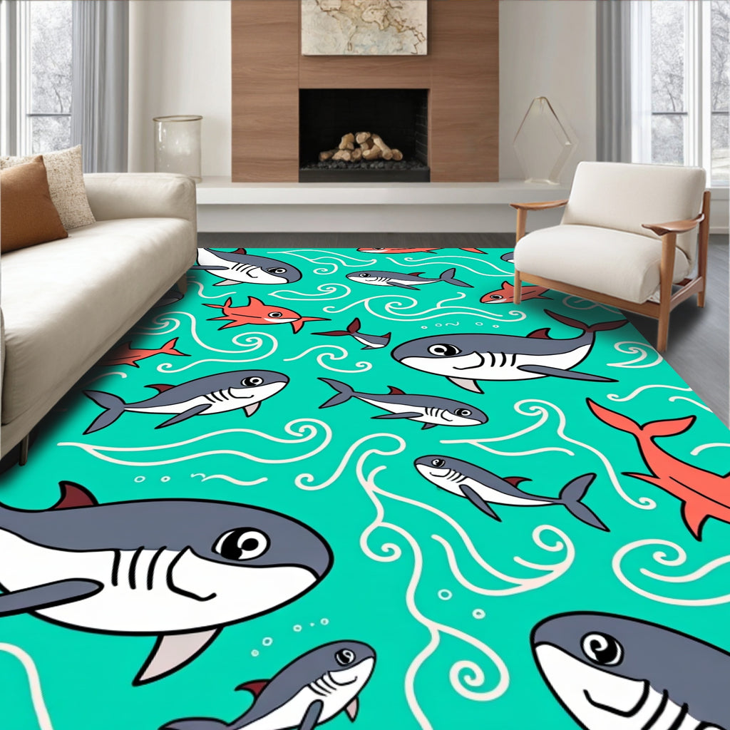Whimsical Gray And Coral Shark Swirls Rug