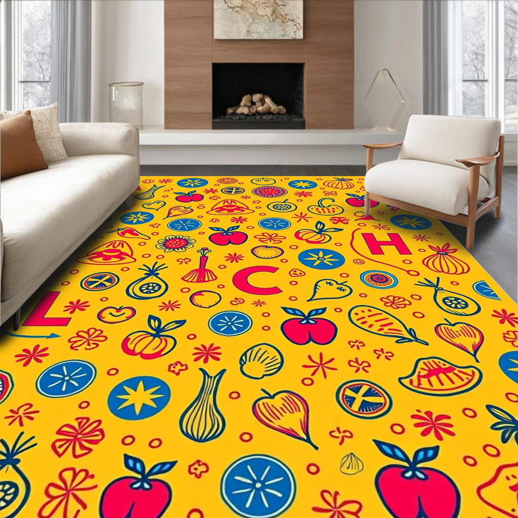 Whimsical Fruit and Alphabet Collage Rug