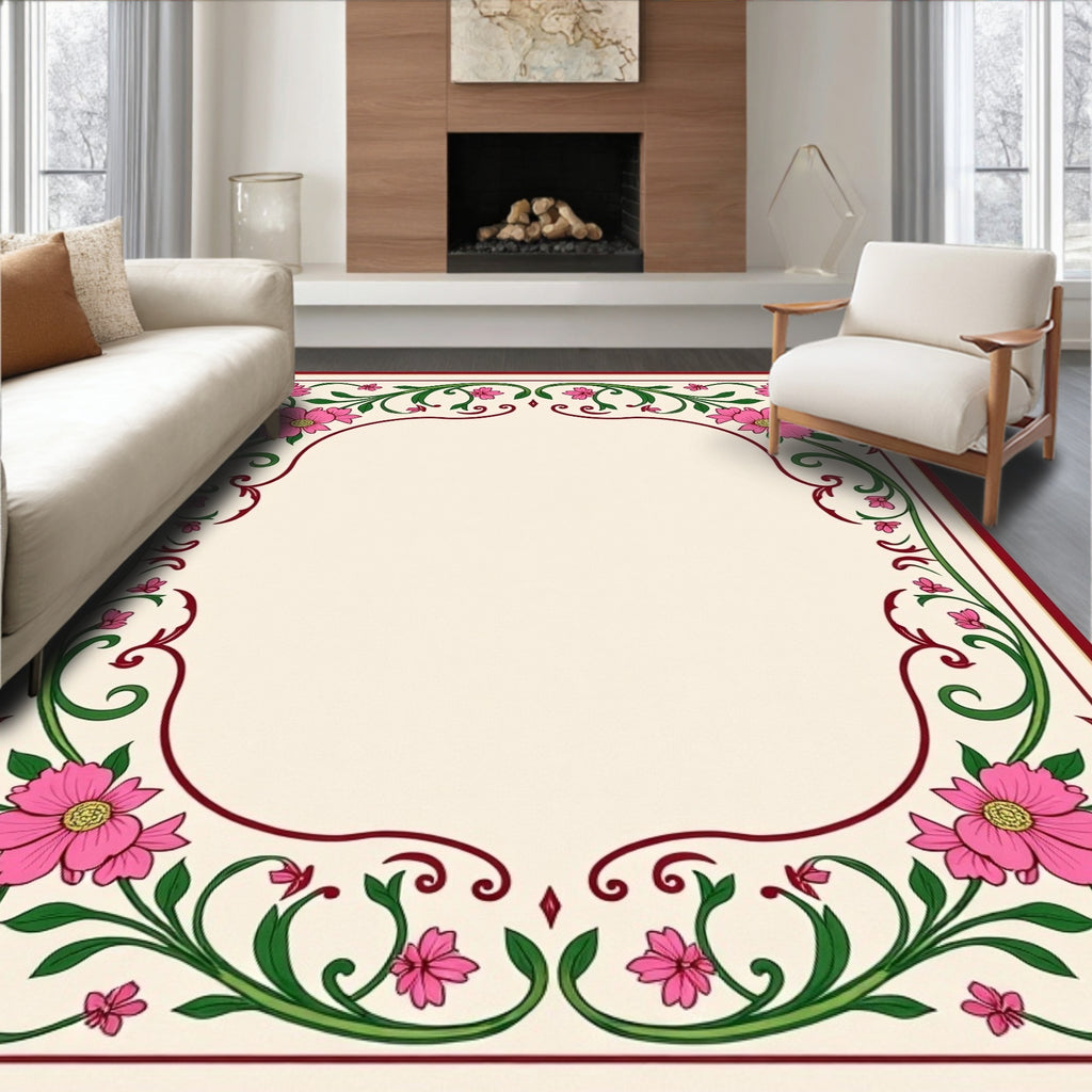 Pink Floral Vines Border Rug