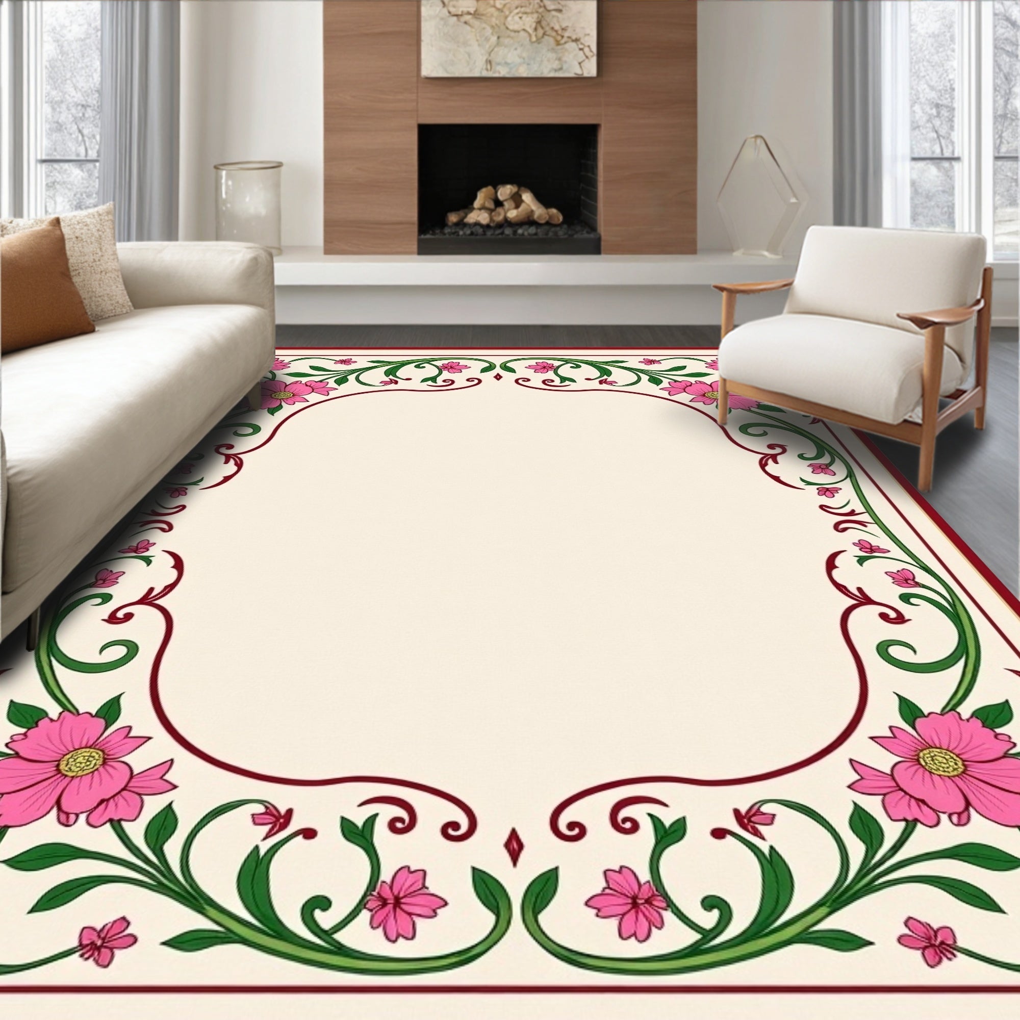 Pink Floral Vines Border Rug