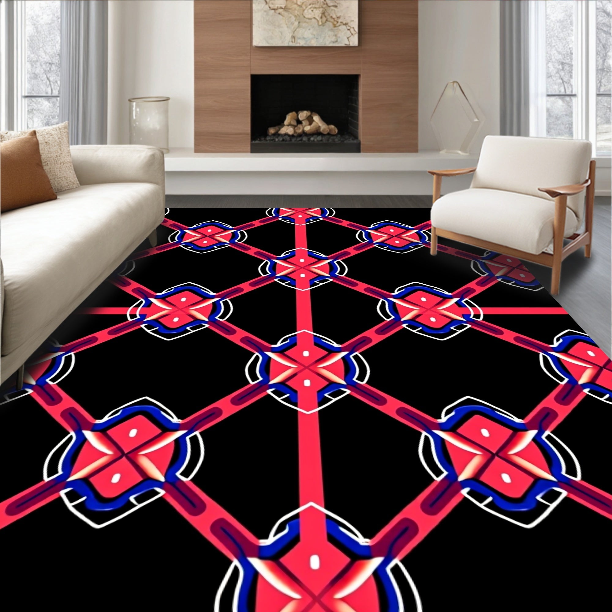 Red Blue Black Geometric Lattice Rug