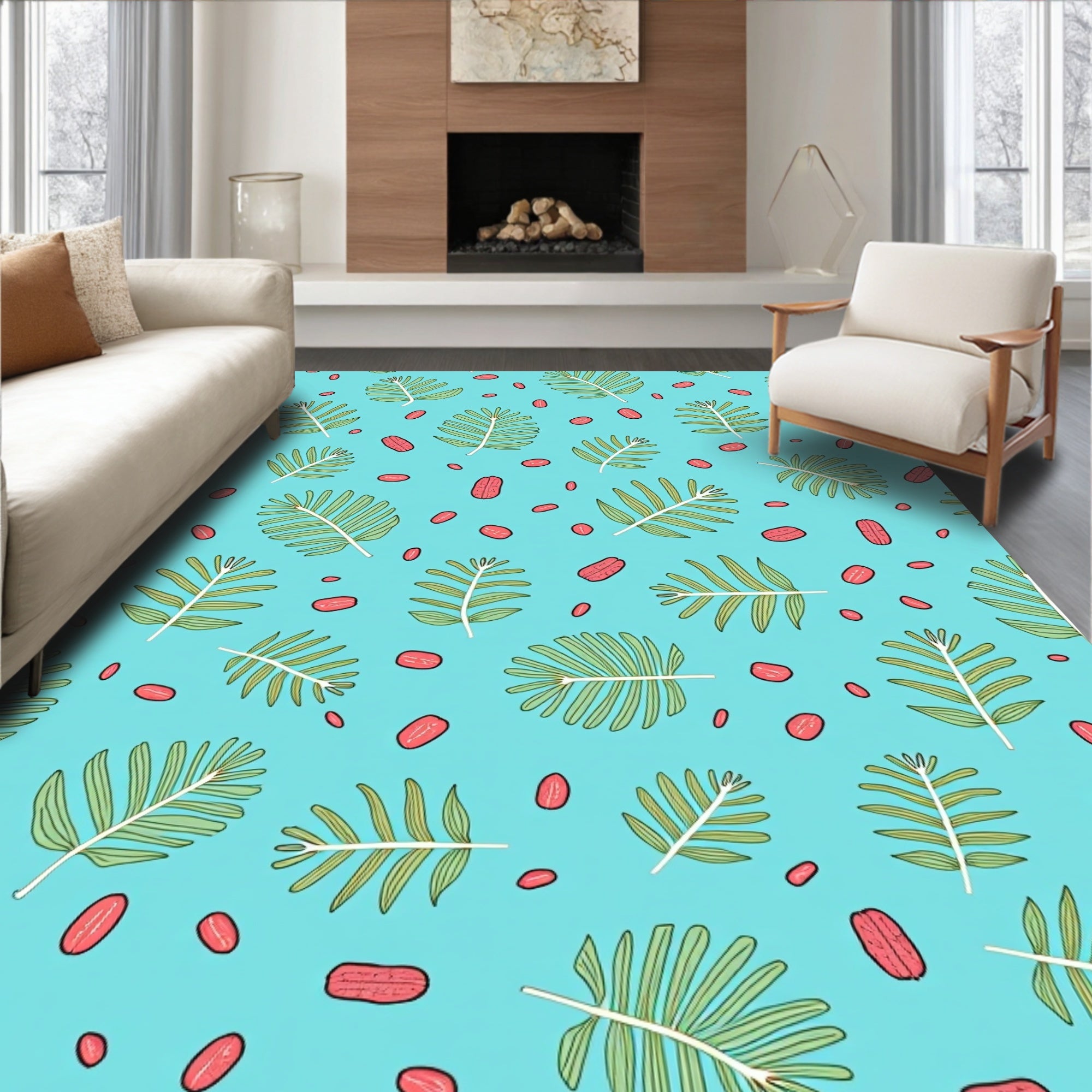 Aqua Green Leaf Scattered Pods Rug