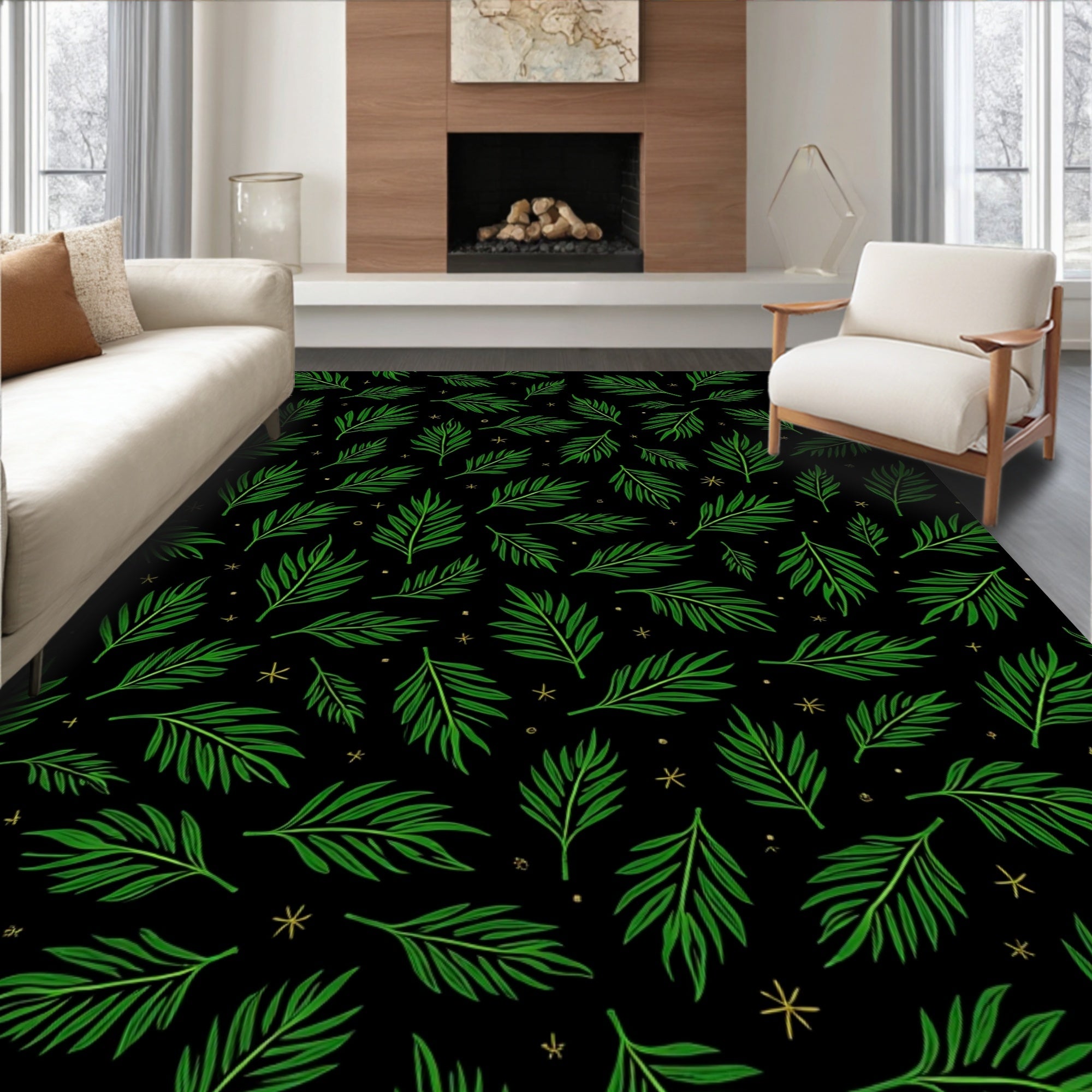 Emerald Palm Fronds Black Gold Accents Rug