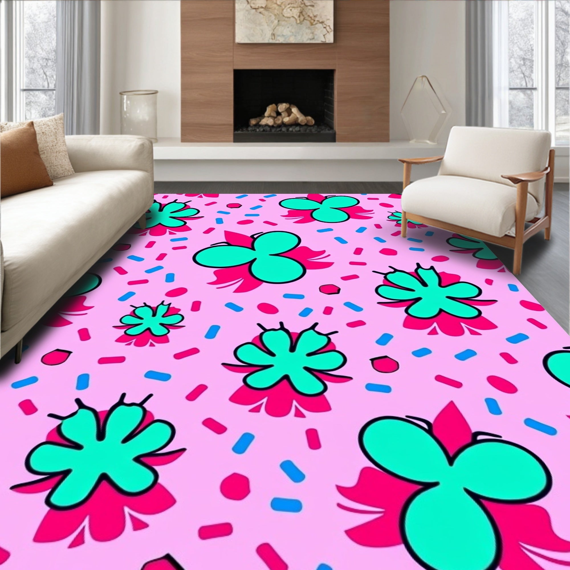 Pink Teal Hot Pink Floral Confetti Rug